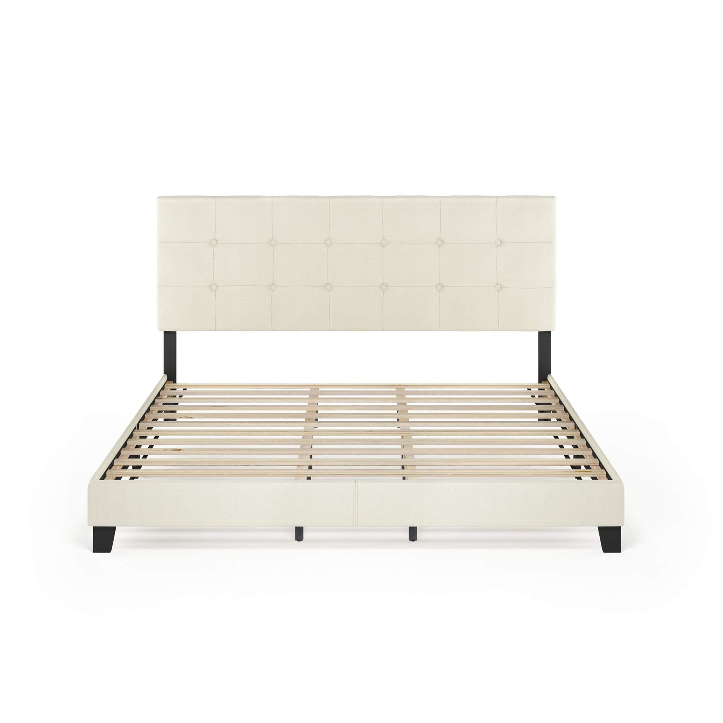 Furinno Laval Button Tufted Upholstered Platform Bed Frame, King, Linen