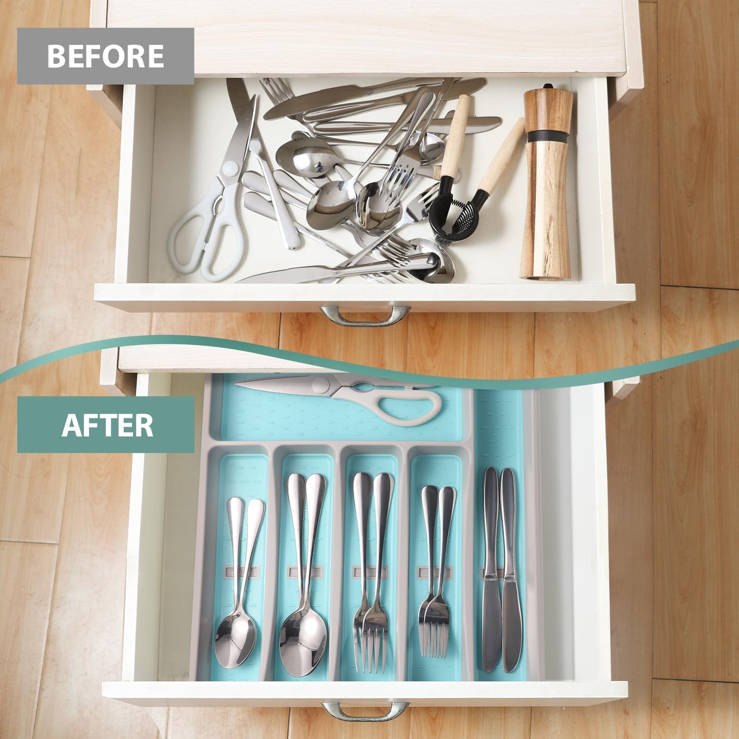 Joequality Silverware Organizer with Icons,Plastic Cutlery silverware Tray for Drawer,Utensil Tableware Flatware Organizer for Kitchen with Non-slip TPR,Fits Oversized Drawer,6-Compartment,Grey+Mint