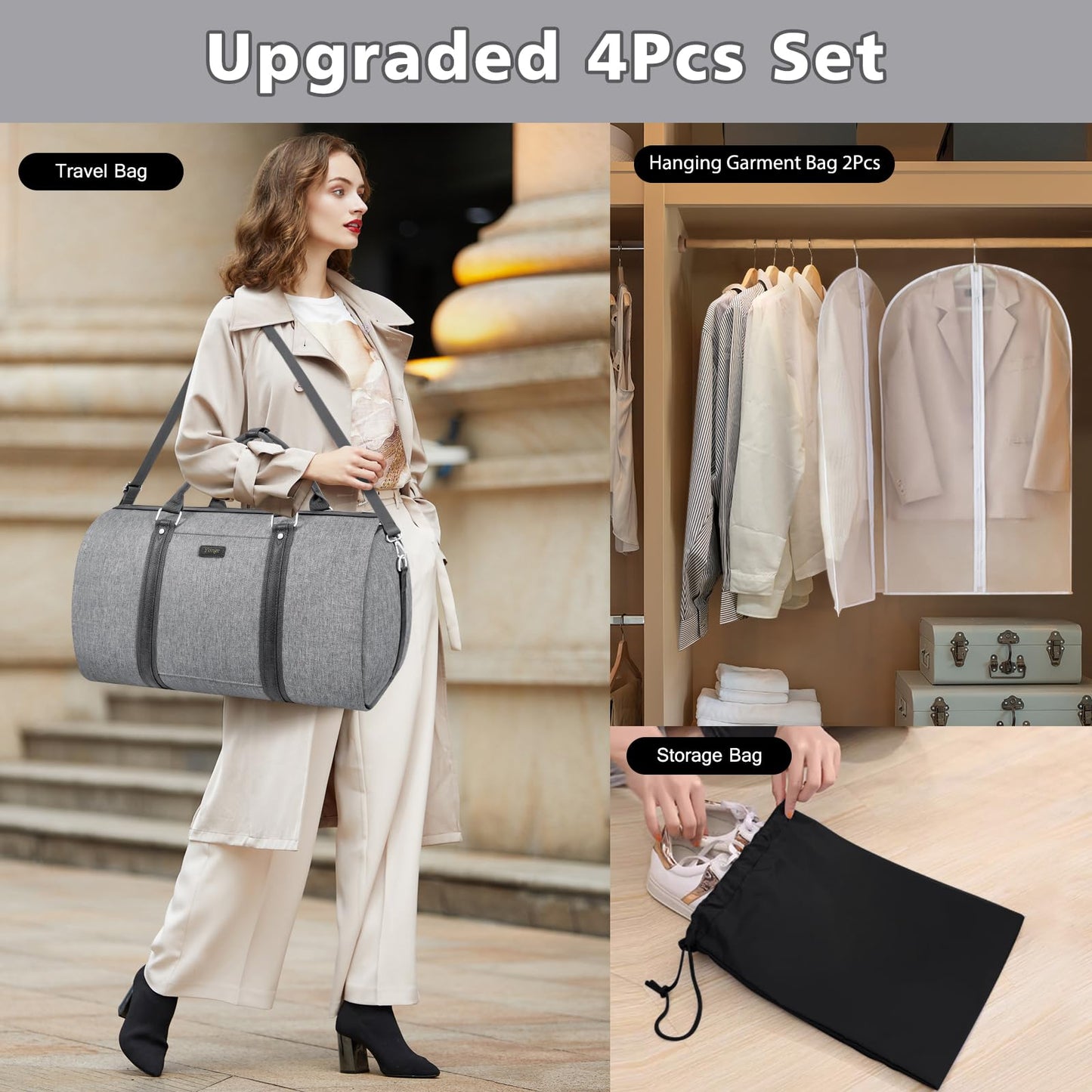 Convertible Garment Duffle Bags for Travel - Carry on Garment Bag for Men Women Large Travel Duffel Bag with Crossbody Bag 4pcs Set, 2 in 1 Hanging Suit Dress Clothes Travel Bag