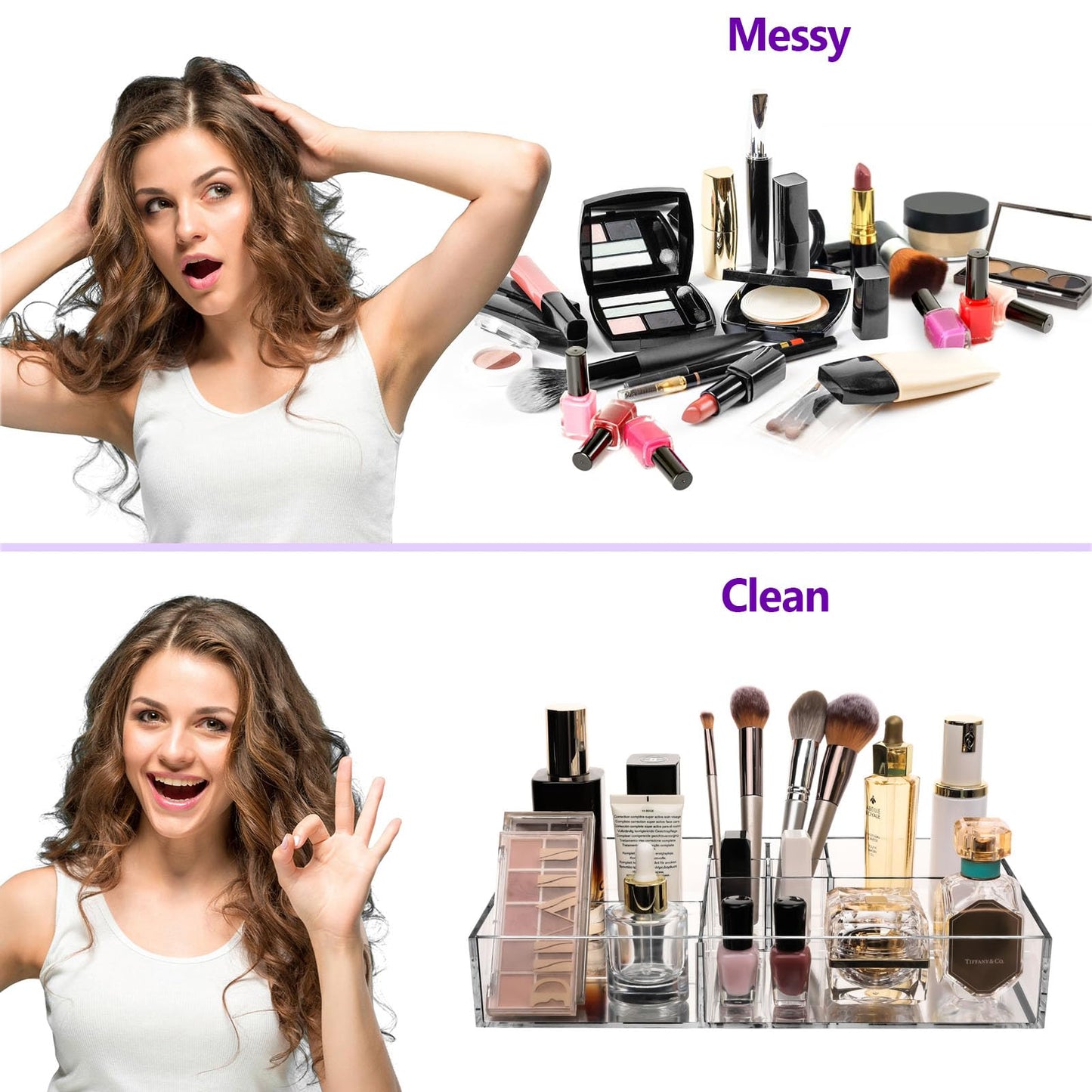 Clear Makeup Organizer with 8 Dividers for Vanity