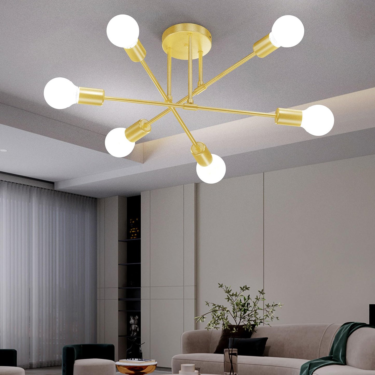 Sunwish Sputnik Chandelier, 6-Light Gold Flush Mount Ceiling Light Fixture Dining Room, Modern Chandeliers for Bedroom Lights with E26 Base, Bulbs Not Included (Gold- 6 Light)