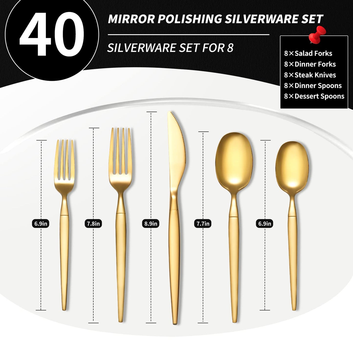 Rygten QU 40-piece Gold Silverware Set, Unique Design Stainless Steel Flatware Set, Cutlery Set Spoons And Forks Knives Set, Tableware Set Service For 8, Dishwasher Safe