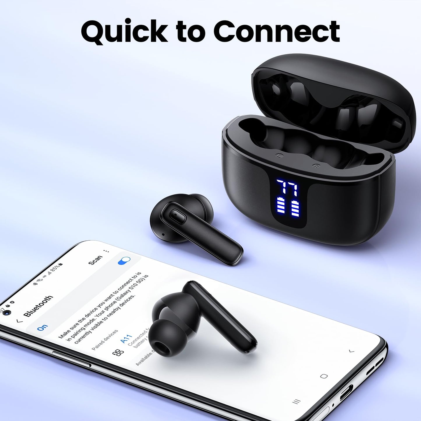 Bluetooth Headphones Ear Buds 68Hrs Playtime Wireless Earbuds Deep Bass with Mic Earphones in Ear IPX7 Waterproof Headset with Power Display Charging Case for Phone Tablet TV Business Sport Black