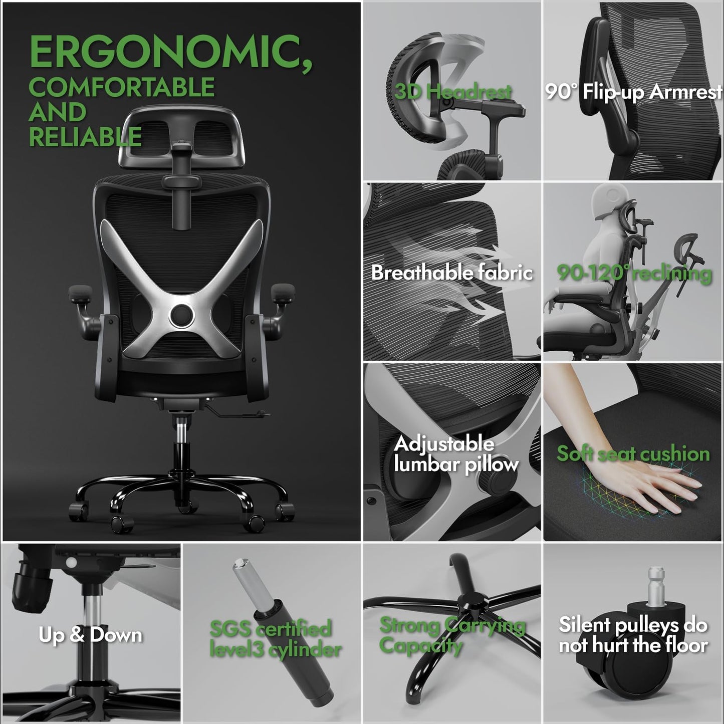 Ergalithic Ergonomic Office Chair - X-Shaped Computer Desk Chair Comfy, Gaming Chair, Office Chair with Lumbar Support, Mesh Office Chairs with Headrests, Desk Chair for Long Hours (Black Silver)