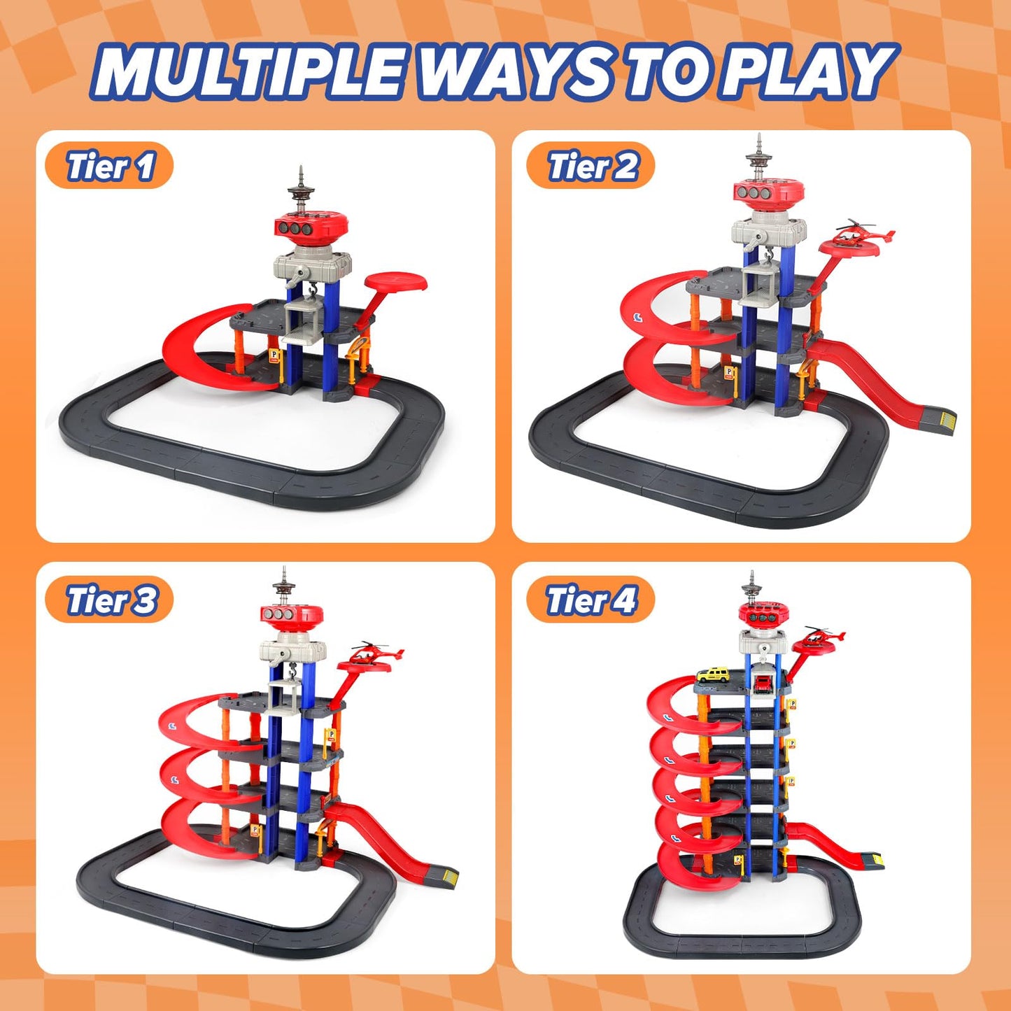 COVTOY Parking Garage Toy Playset,Race Car Track Toy with Sounds and Lights Effect,Toy Car Parking Garage with Cars and Helicopter,Car Toys Birthday Gifts for Boys 3 4 5 Year Old