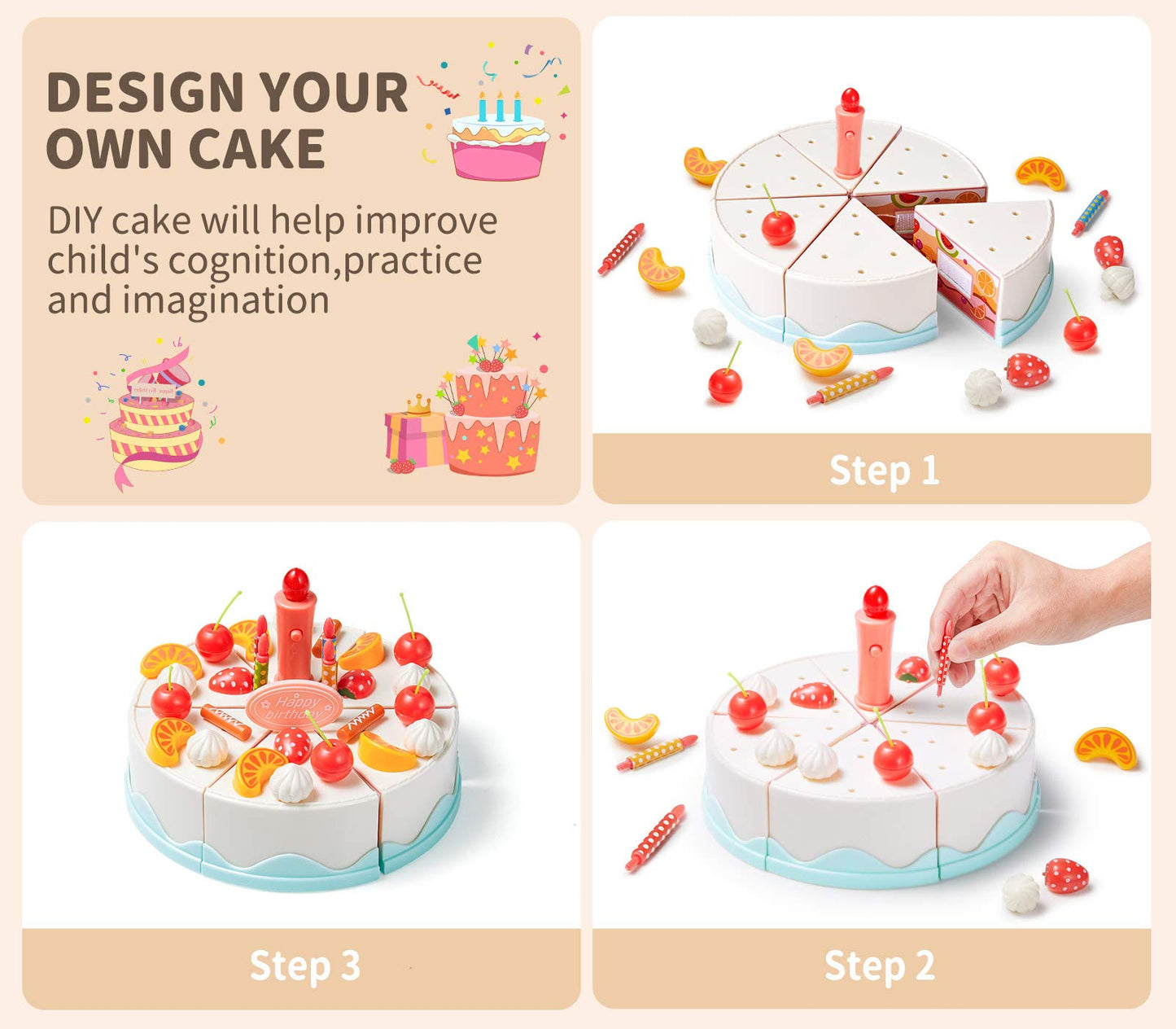 Birthday Cake Toys Set, Geyiie Cake Play Tea Party Dessert Set with Light, 88 PCS Pretend Play Cutting Food with Chocolate,Fruit Decor,Candles and More,Gift Choice for Toddlers Boys Girls