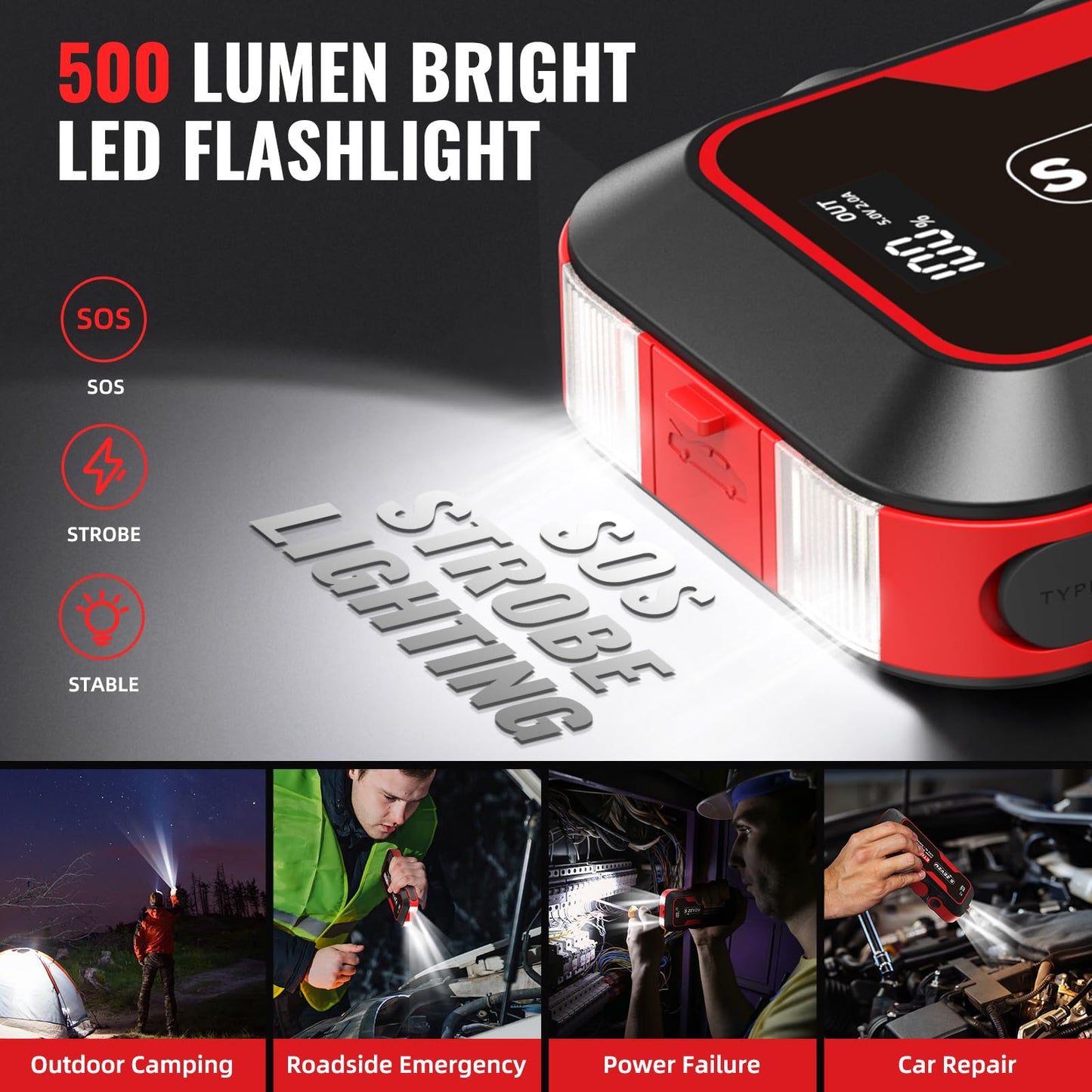 2500A Car Jump Starter with USB and LED Light