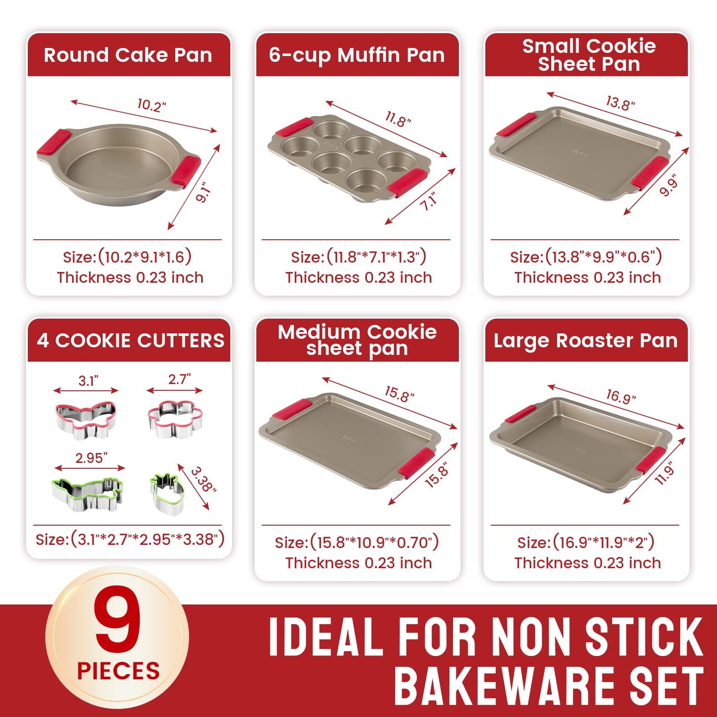 DELUXE Bakeware Sets, Baking Pans Set, Nonstick Oven Pan for Kitchen wth Wider Grips, 9 Pieces Including baking Cookie Sheet, Cake Pans, Muffin Pan, Roastin Pan, Cookie Cutters-Champagne