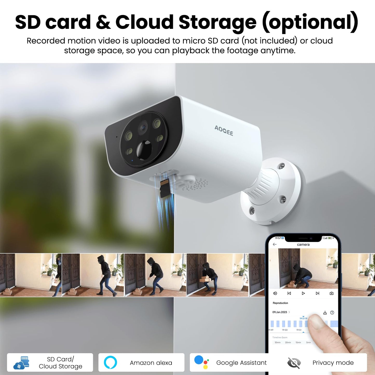 AOQEE 2K Solar Camera Outdoor Wireless-2.4Ghz WiFi Cameras for Home Security, Continuous Power, Color Night Vision, SD Card/Cloud Storage, Waterproof, Compatible with Alexa/Google Home S1 (1 Pack)