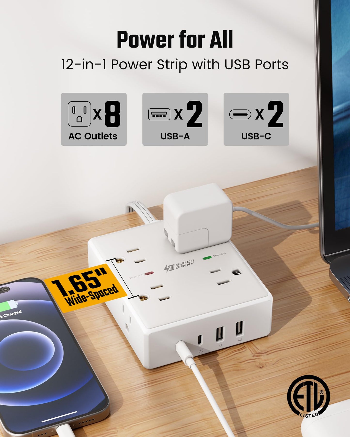 10Ft Extension Cord with 8 Outlets & USB Ports