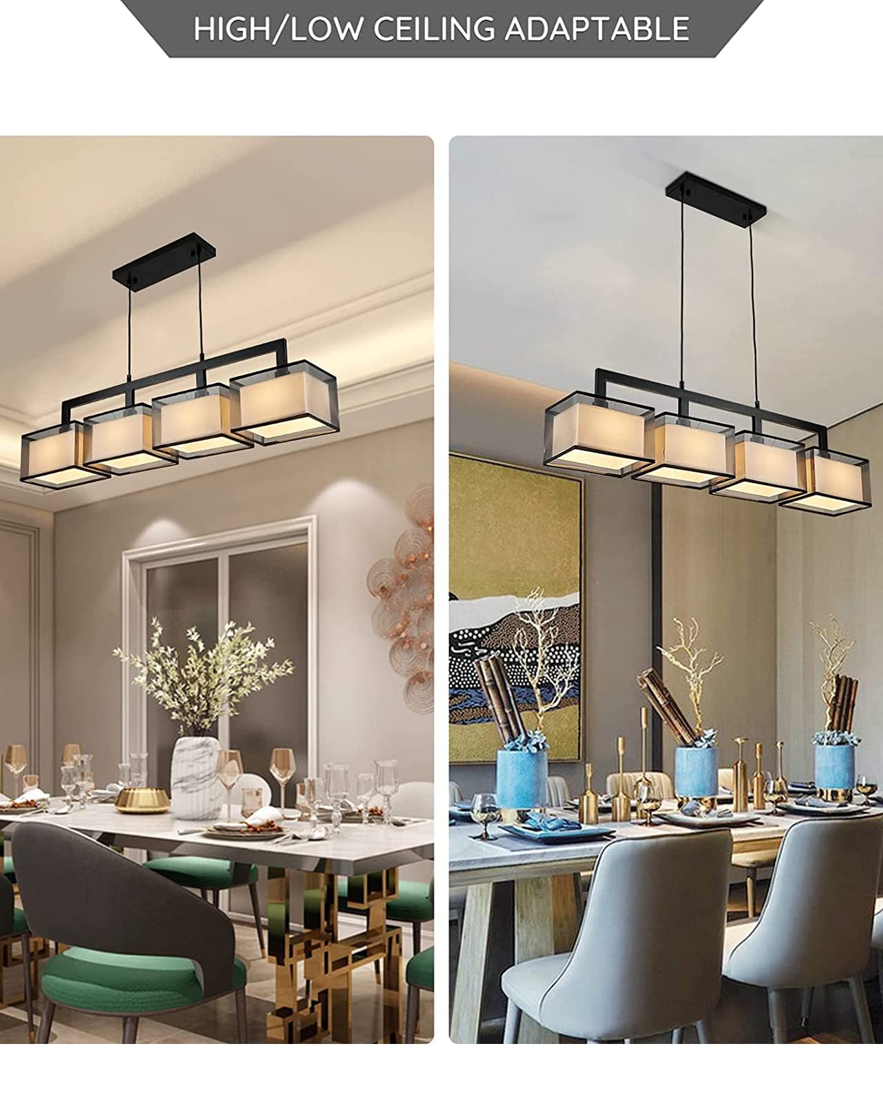 7PMBEANE Modern Rectangular Chandelier Hanging Light Fixture 4 Lights with Fabric Lampshade Adjustable for Dining Living Room Restaurant (Black)