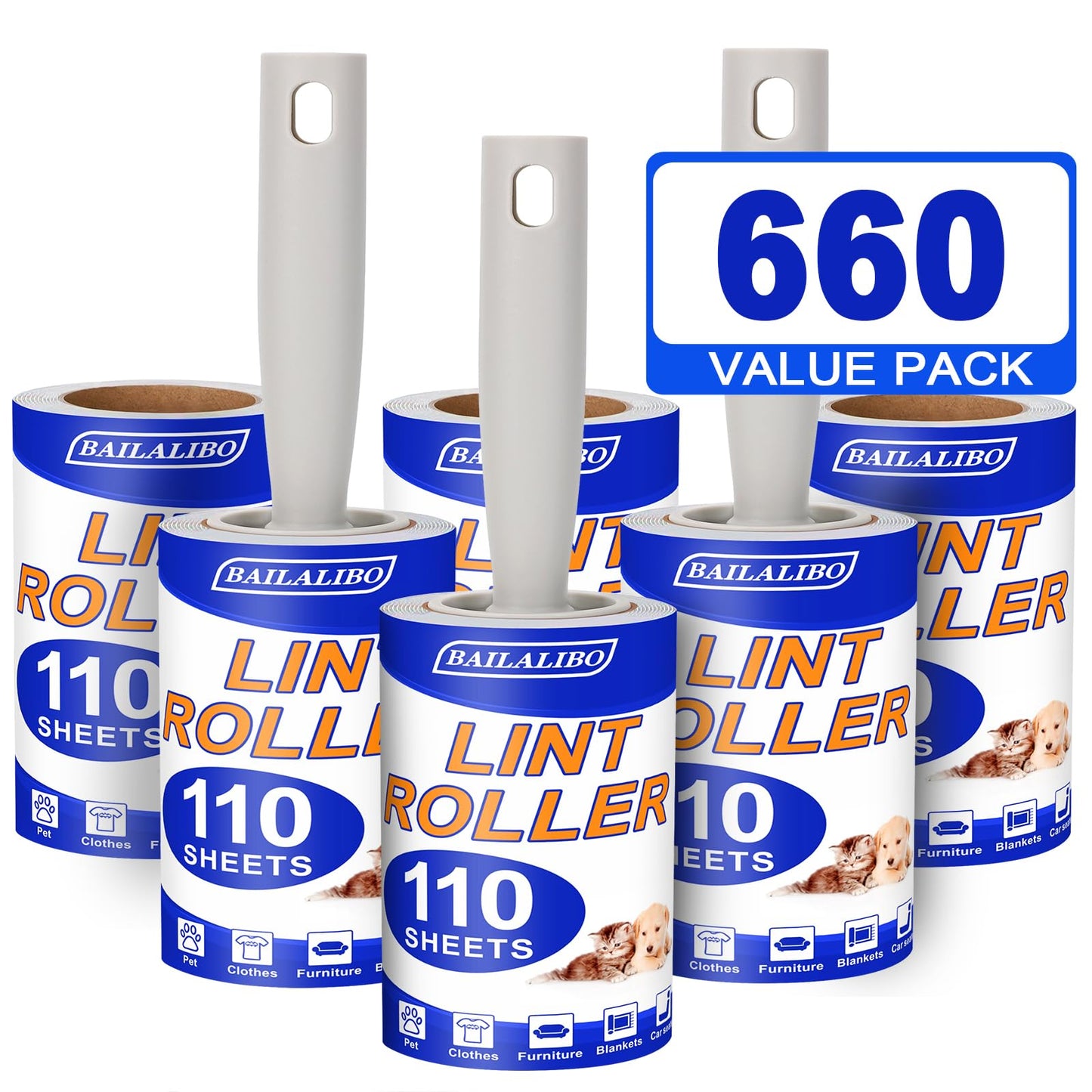 BAILALIBO Lint Roller, 660 Sheets Lint Rollers for Pet Hair Extra Sticky, 3 Handles + 6 Refills, Lint Remover for Clothes, Couch, Dog, Cat Hair, Strong Sticky Lint Roller Refills, Pet Hair Removal.