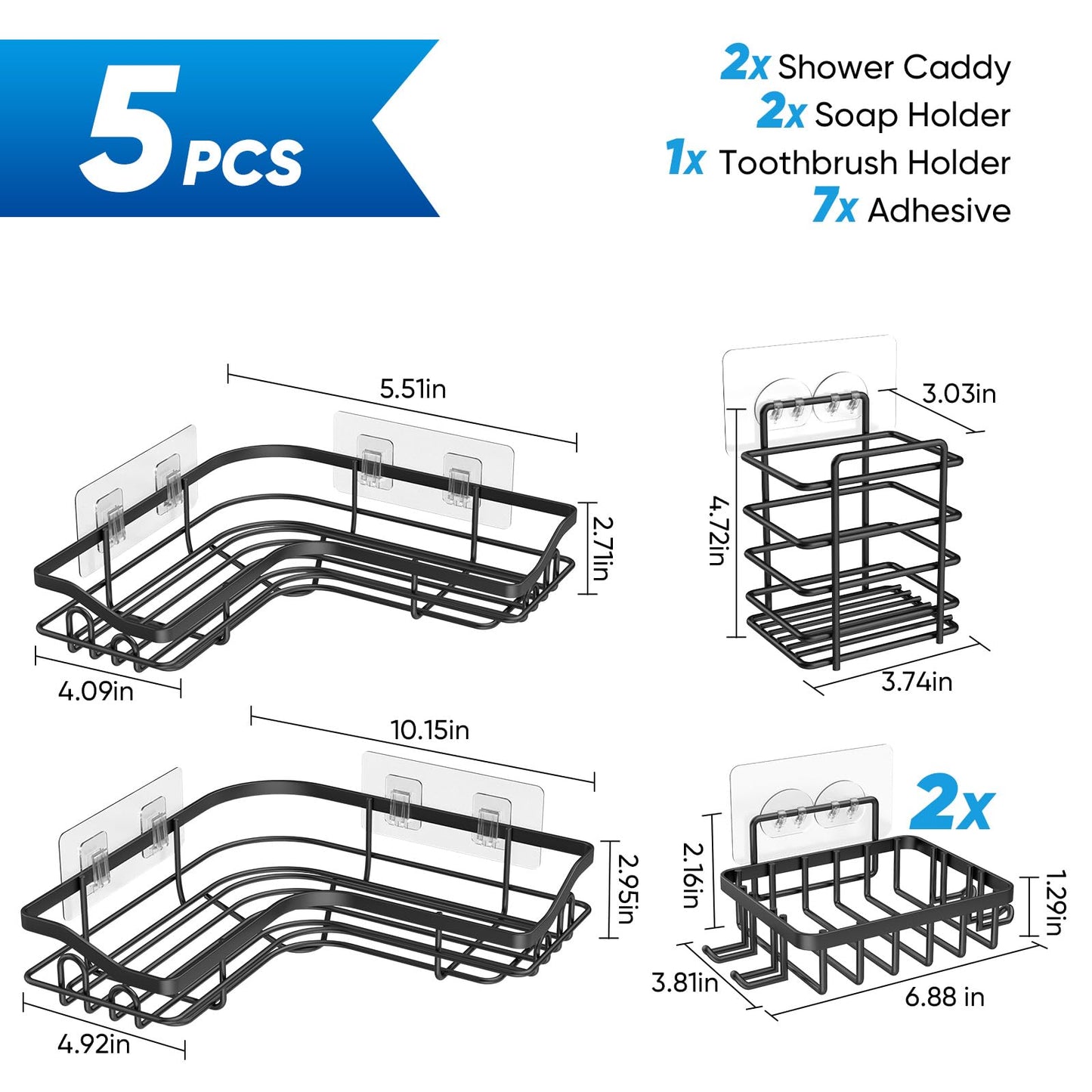 5 Pack Corner Shower Caddy, No Drilling Rack