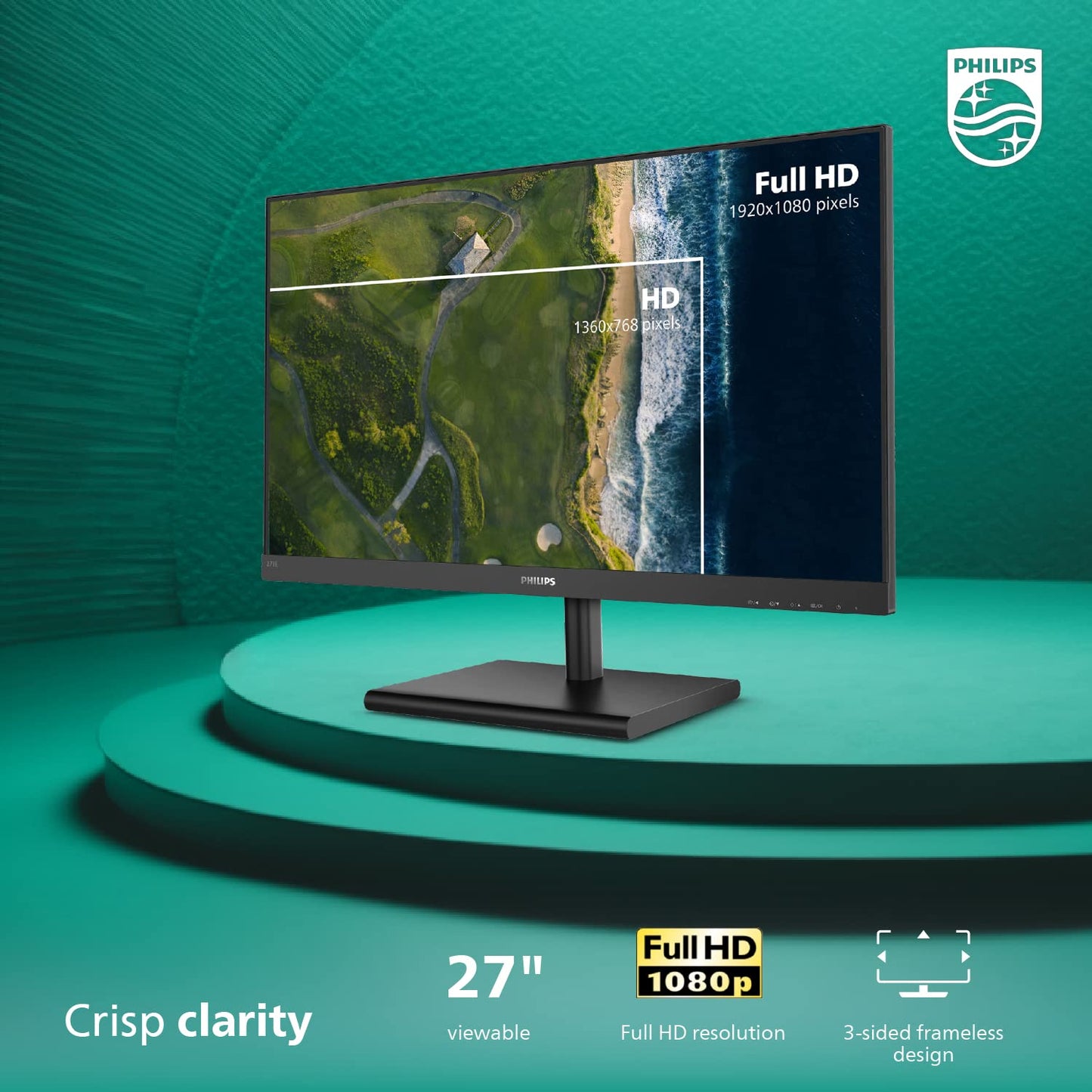 PHILIPS 271E1S 27" Frameless Monitor, Full HD IPS 1080P IPS, 124% sRGB, FreeSync 75Hz, VESA, 4Yr Advance Replacement