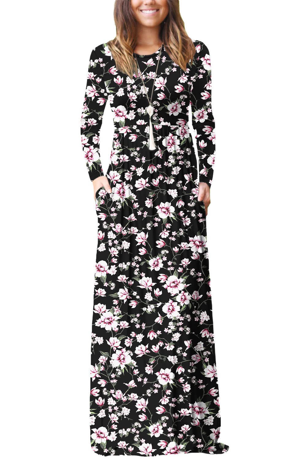 EUOVMY Maxi Dress for Women Floral Black Pink Large Round Neck Boho A-line Long Sleeve Casual Hawaiian Sundress Flowy Elegant Party Vacation Spring Summer Beach Long Sun Dresses with Pockets