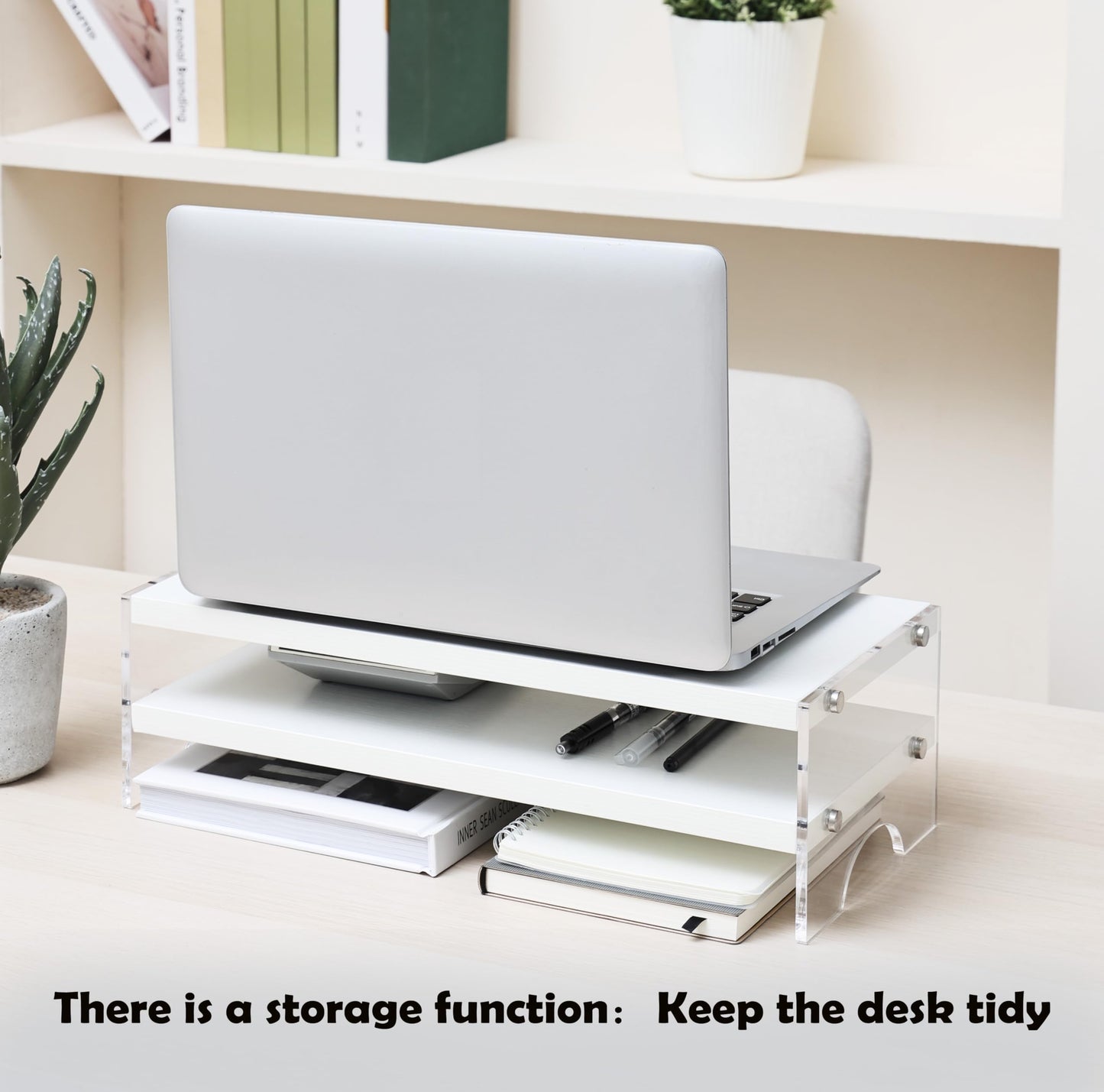 VONDETYR Acrylic Monitor Stand Riser with Storage, Desk Organizer Desktop Printer Laptop Storage Shelf(White)