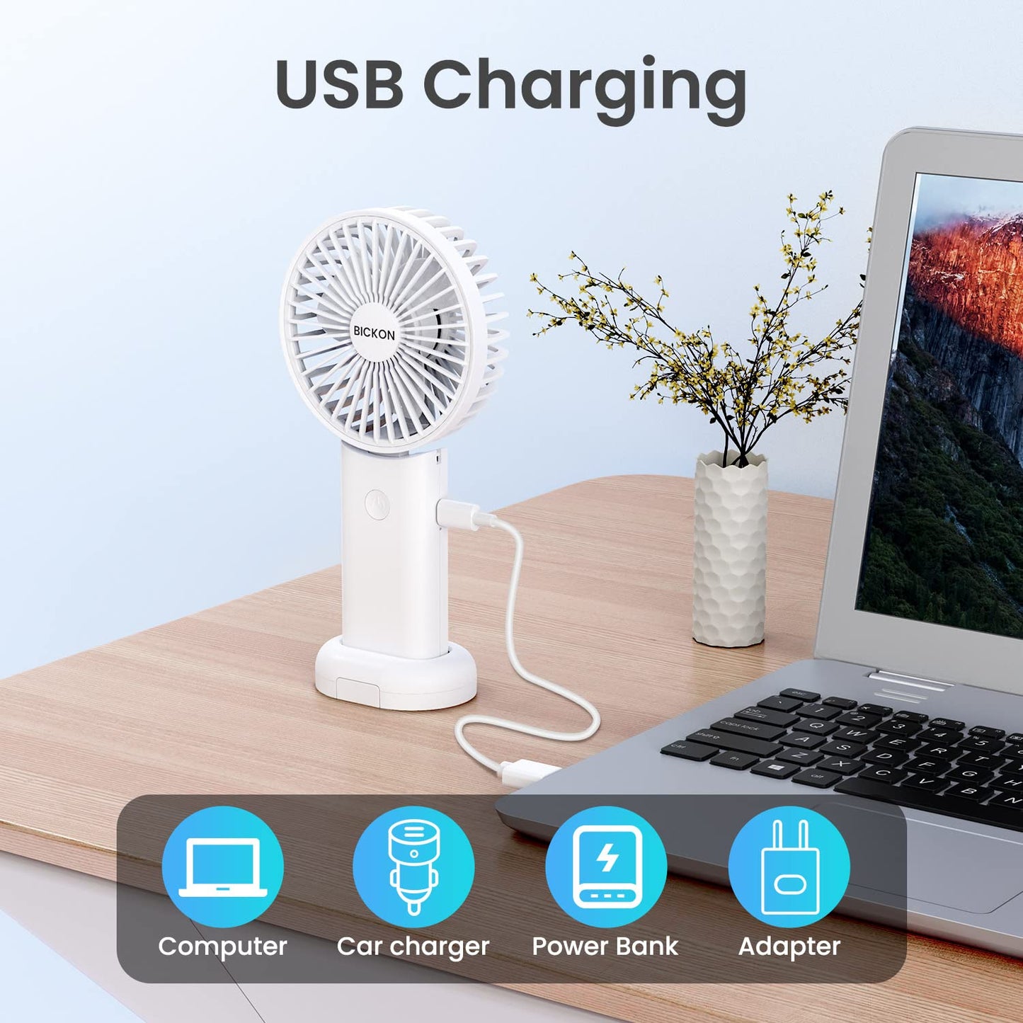 BICKON Handheld Fan, Portable Fan with USB Rechargeable Battery, 3 Adjustable Speed personal fan Desk Table fan with Base, Lightweight Makeup Fan for girls Women Kids, Travel, Outdoor Indoor Office