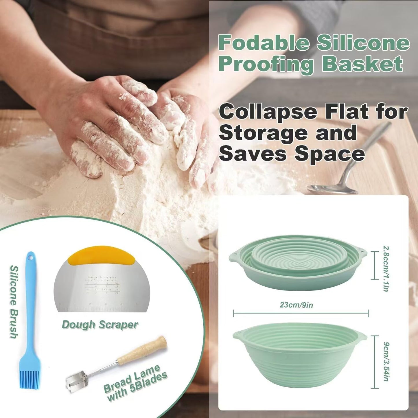 Upgraded Silicone Sourdough Bread Proofing Baskets - Including steel rings, Sourdough Starter Kit, 9 Inch Round Foldable Sourdough Baking Basket (Green)