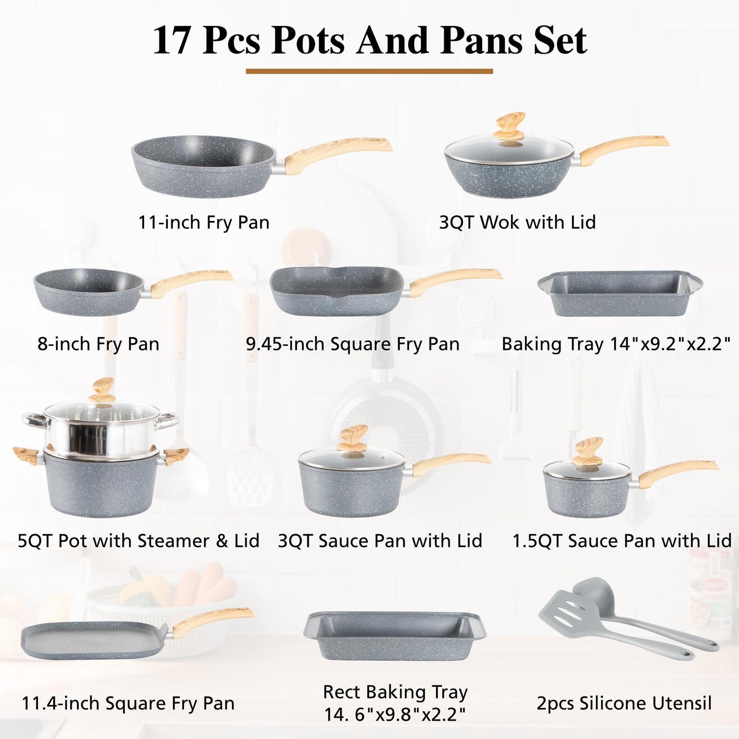 DishDelight Nonstick 17-Piece Cookware Set, Gray