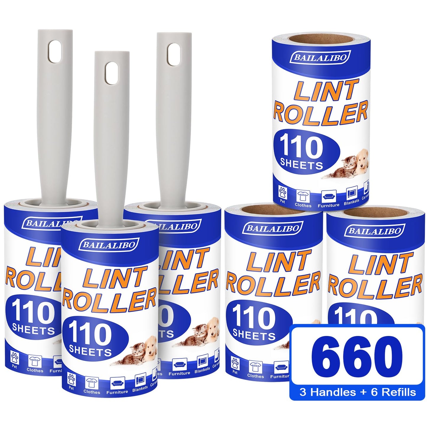 BAILALIBO Lint Roller, 660 Sheets Lint Rollers for Pet Hair Extra Sticky, 3 Handles + 6 Refills, Lint Remover for Clothes, Couch, Dog, Cat Hair, Strong Sticky Lint Roller Refills, Pet Hair Removal.