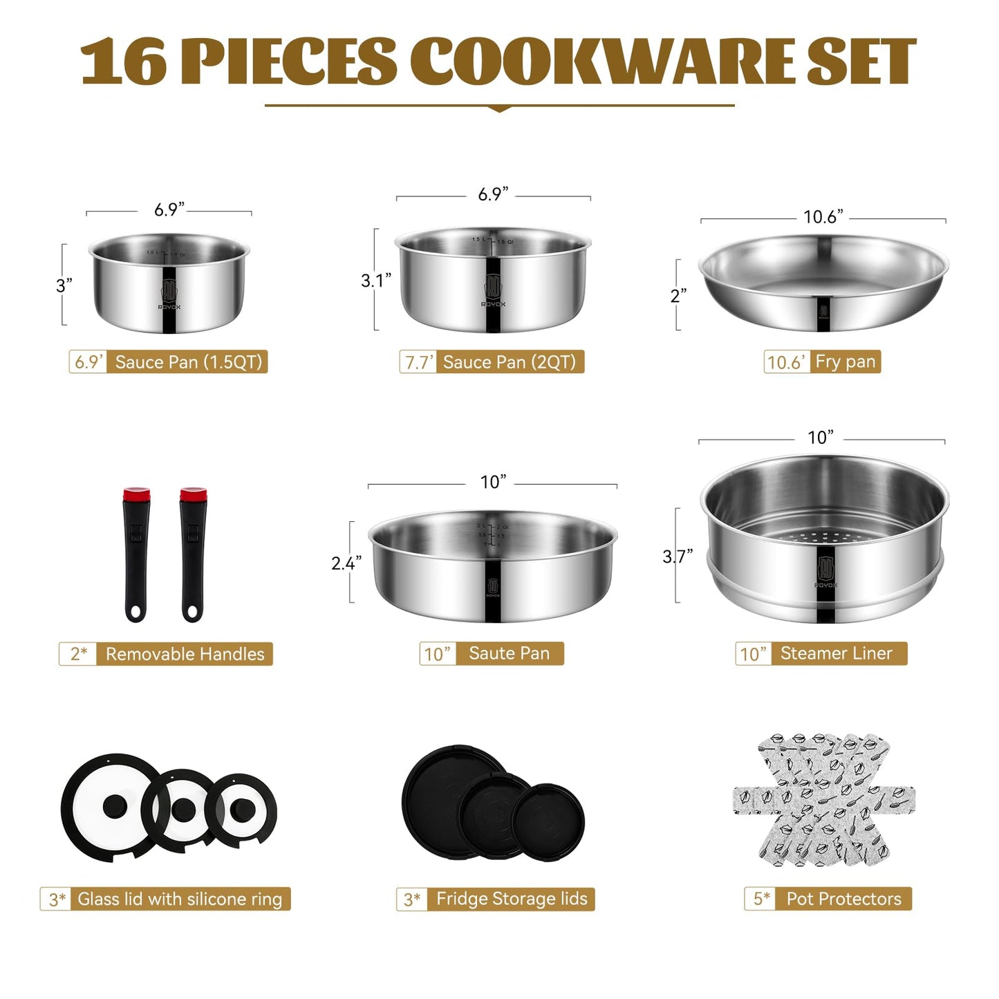 16-Piece Stainless Steel Cookware Set with Detachable Handles