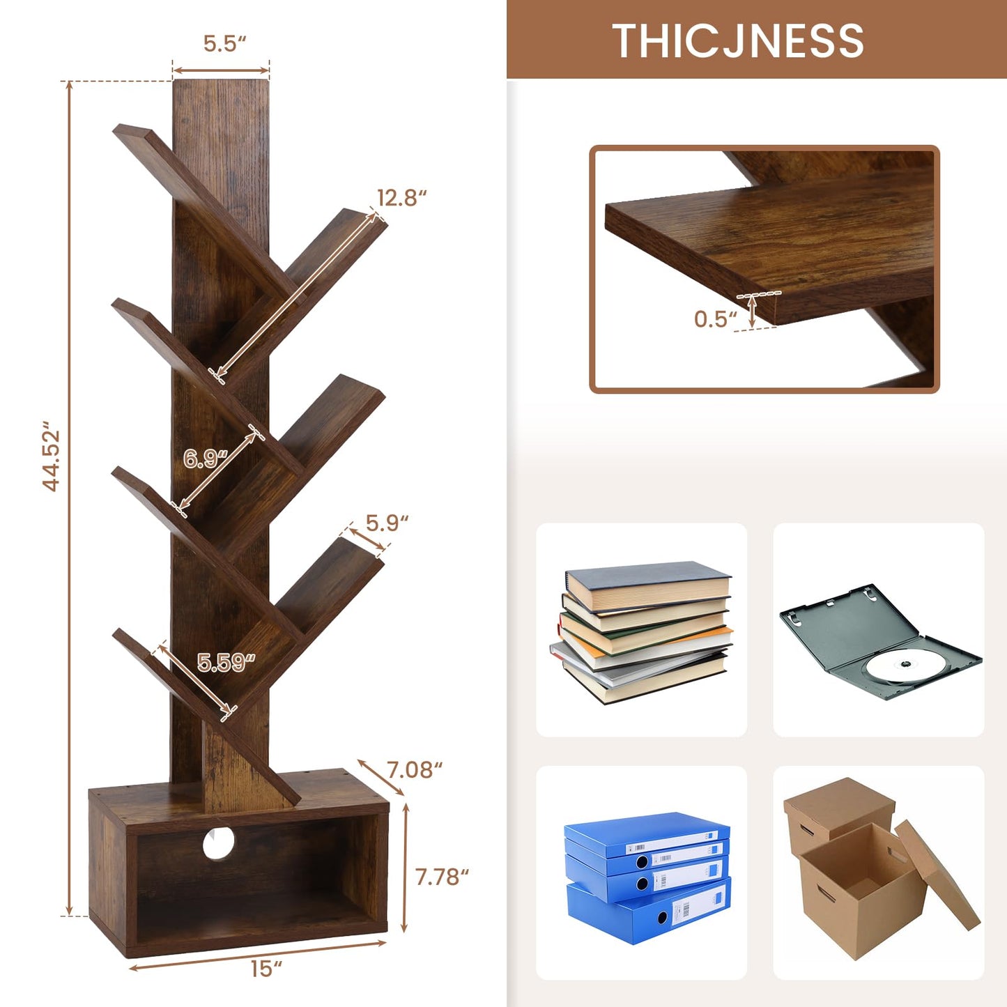 COSYSUPER Tree Bookshelf - 6 Shelf Retro Floor Standing Bookcase, Tall Wood Book Storage Rack for CDs/Movies/Books, Utility Book Organizer Shelves for Bedroom, Living Room, Home Office Rustic Brown