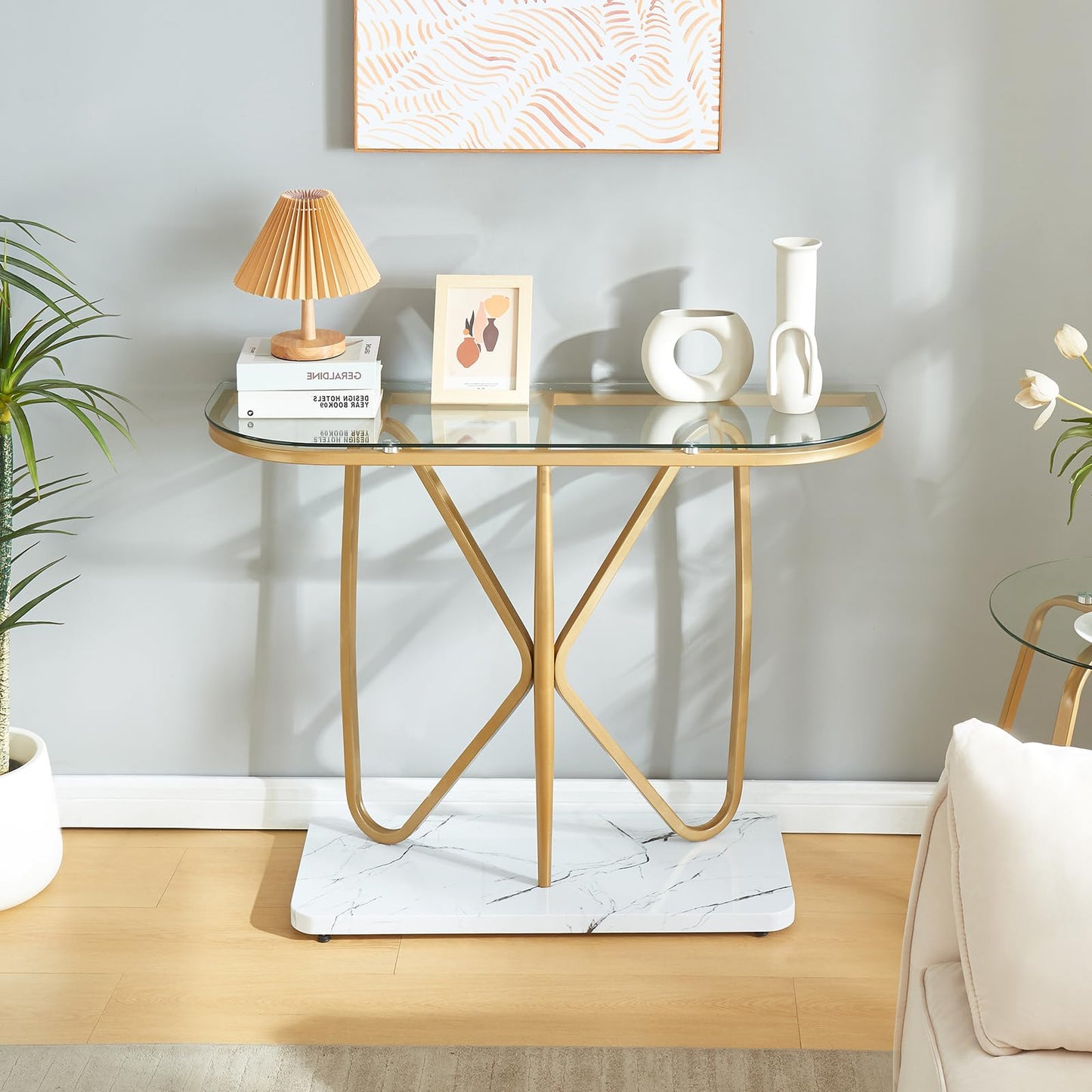 HOMISSUE Console Table, Modern Console Table with Tempered Glass Top and Metal Frame, Glass Entryway Table with Marbled MDF Base, Console Table for Entryway, Hallway, Living Room (Gold&Clear Glass)
