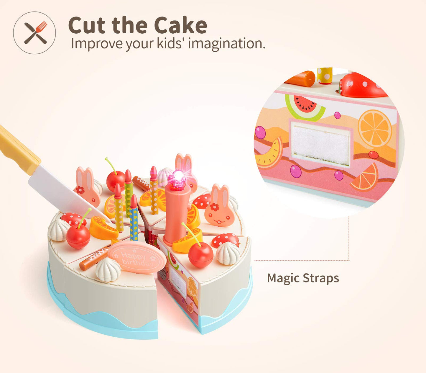 Birthday Cake Toys Set, Geyiie Cake Play Tea Party Dessert Set with Light, 88 PCS Pretend Play Cutting Food with Chocolate,Fruit Decor,Candles and More,Gift Choice for Toddlers Boys Girls