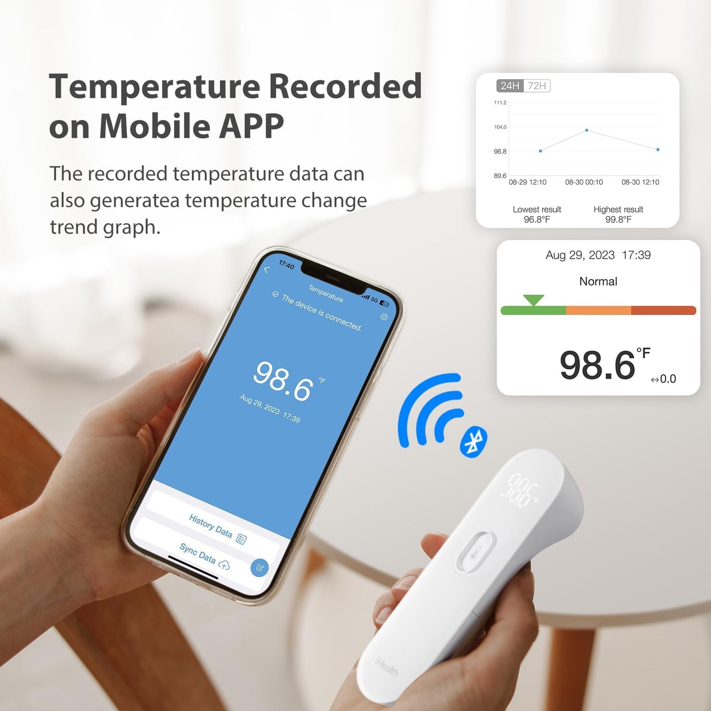 iHealth Smart Bluetooth Thermometer for Adults and Kids - Wireless No-Touch Digital Thermometer for Forehead - 3 Ultra-Sensitive Sensors, Large LED Digits, Vibration Mode - for Home Use, PT3SBT