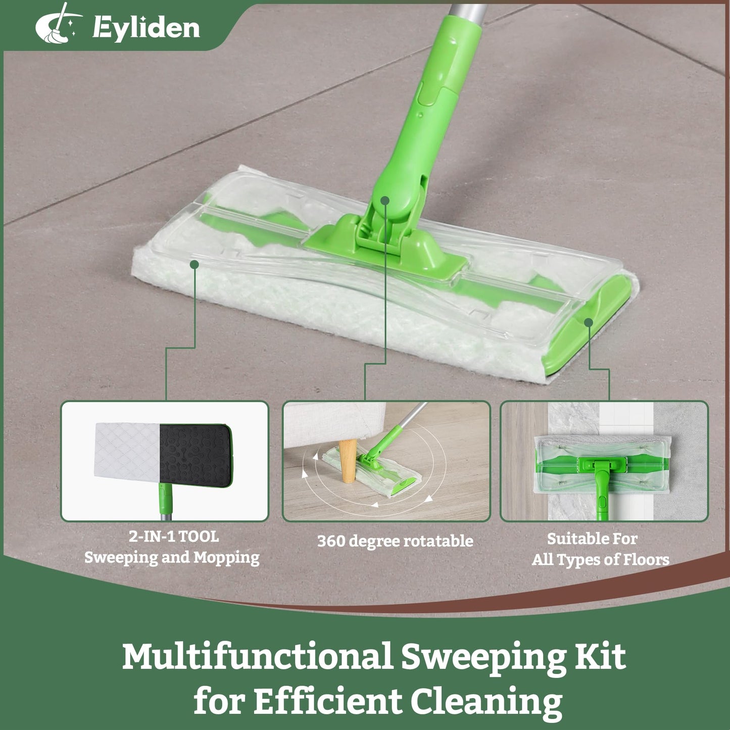 Eyliden Sweeper Mop - Lock Tight Design No Lost Pads - 36 Disposable Dry & Wet Cloths, Dust Mop Starter Kit for Pet Hair, Hardwood Floors, 360 Swivel, Universal Refills, Efficient Floor Cleaning
