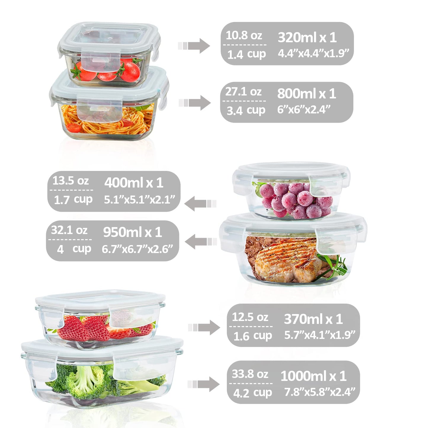6 Pack Glass Food Storage Containers with Lids