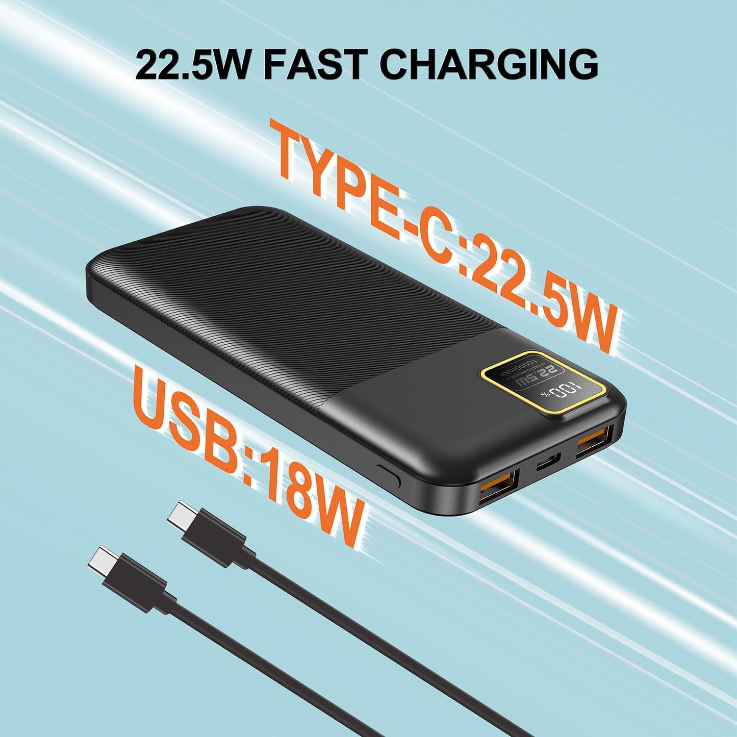 YUMGOOD Portable Charger, 22.5W 10000mAh 5V/3.1A Fast Charging Power Bank, USB-C Charger Battery Pack Powerbank with 3-Output & 2-Input LED Display for iPhone, Samsung, iPad, Tablet, etc(Black)