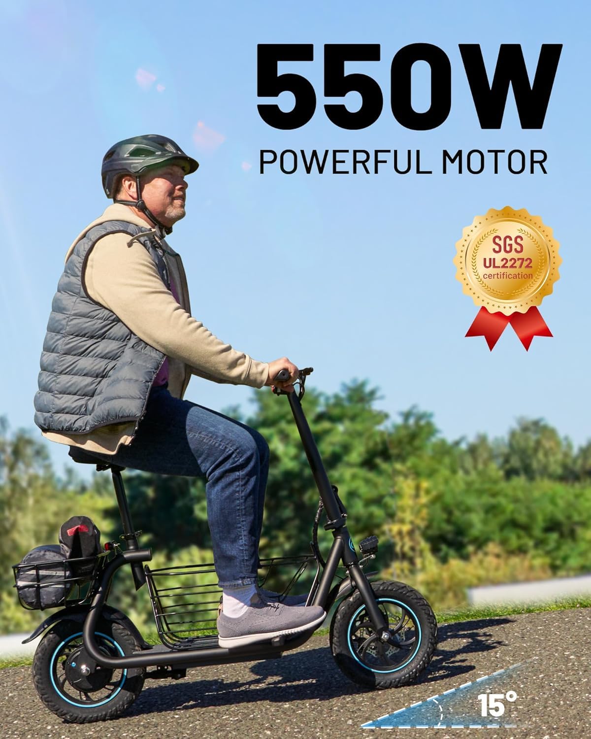 Electric Scooter with Seat, 550W Powerful Motor up to 22/25 Miles Range, Foldable Electric Scooter for Adults Max Speed 15.5/18.6 Mph, Electric Scooter for Commuting with Basket