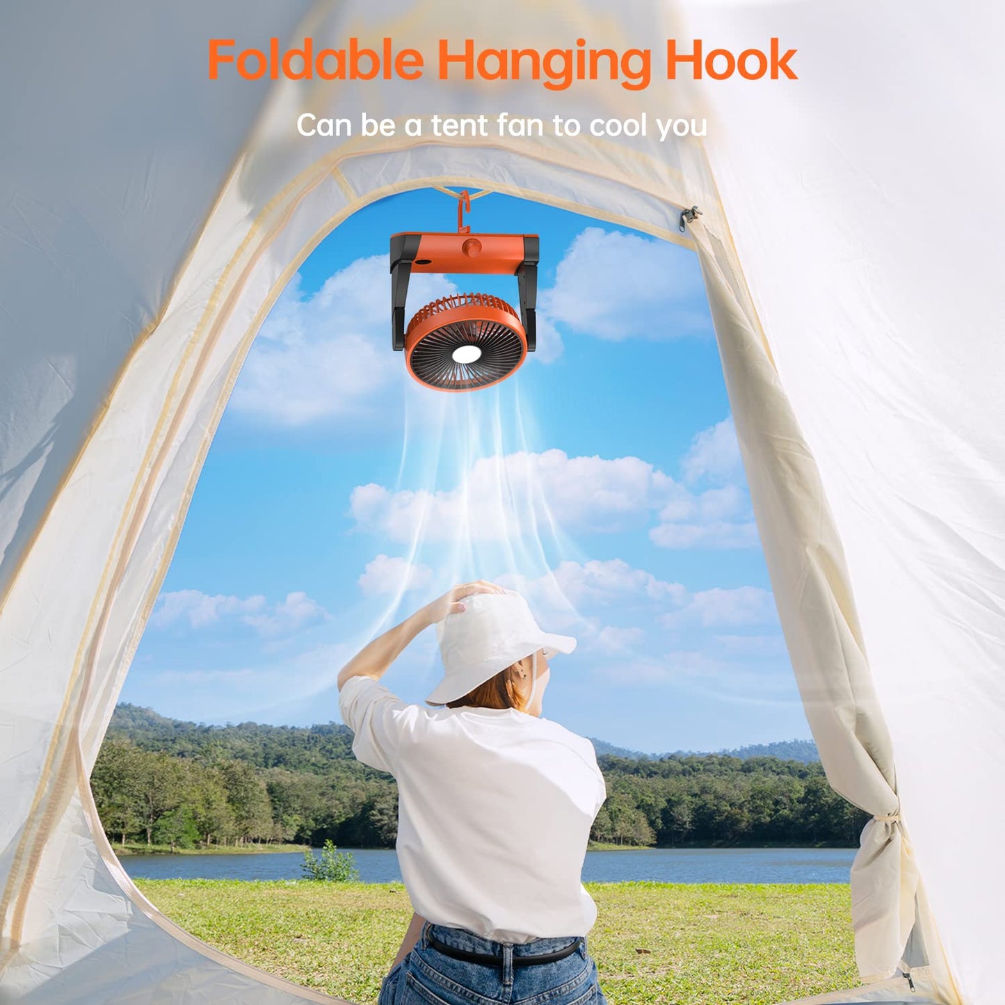 TriPole Battery Operated Fan 20000mAh Camping Fan Rechargeable with LED Light and Hook Powerful Portable Tent Fan with Stepless Speed Long-Lasting Battery Powered Fan for Camping Travel RV Hurricane