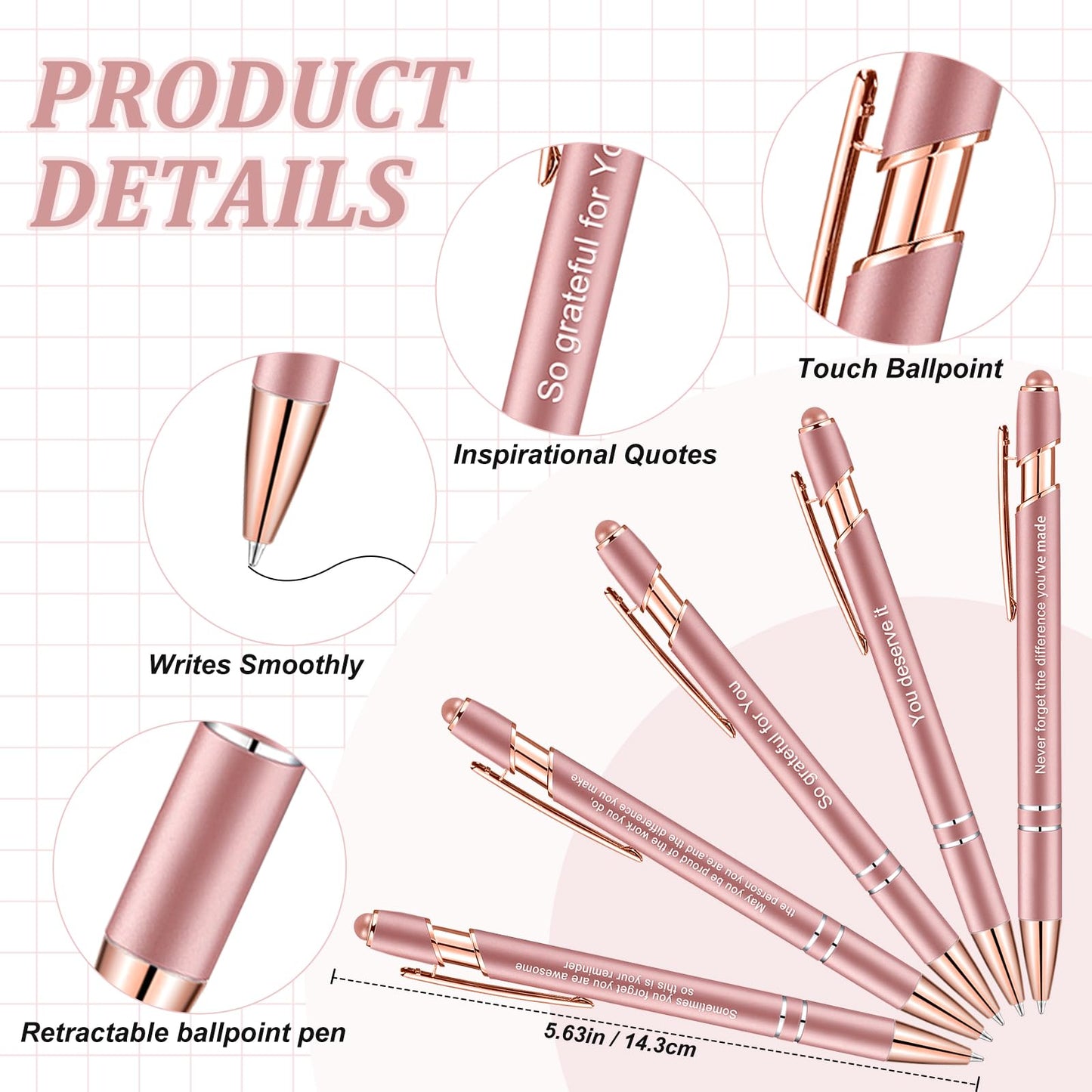 Outus 72 Pcs Employee Appreciation Gifts Pens with Stylus Tip Inspirational Pen Bulk Motivational Ballpoint Pen Black Ink Thank You Pens for Employee Coworker Team, 12 Styles (Rose Gold)