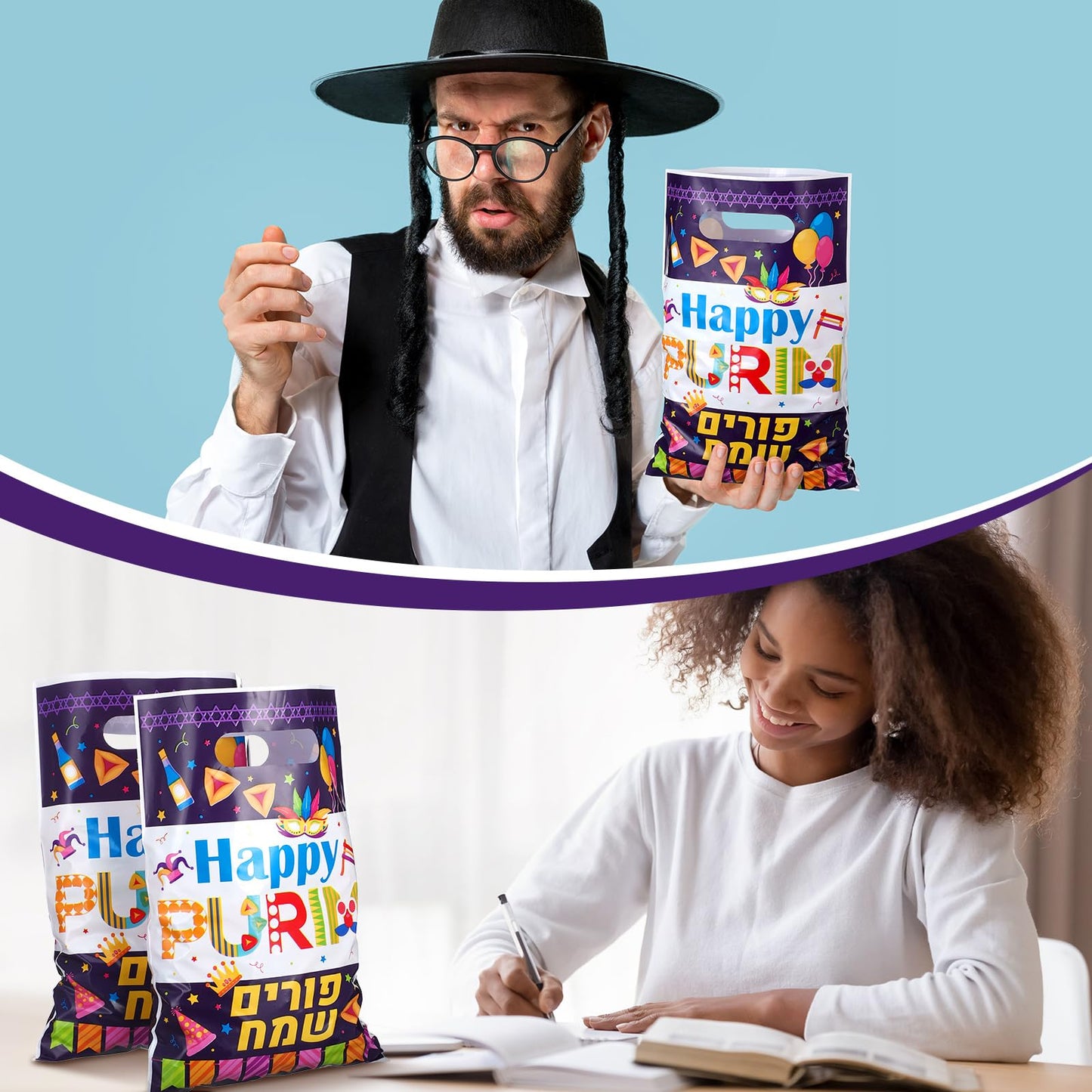 100 Pcs Happy Purim Gift Bags with Handles