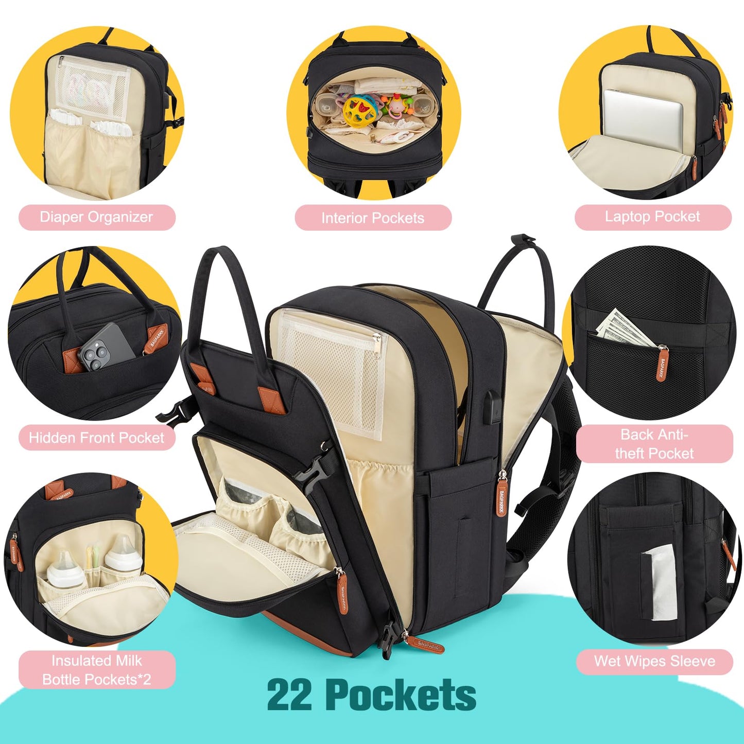 Diaper Bag Backpack,BAGPARKK Multi function Baby Bag with Portable Changing Pad, Pacifier Holder,Waterproof Diaper Bags with USB Charging Port,Anti-Theft Travel Backpack for Mom, Dad, Newborn (Black)