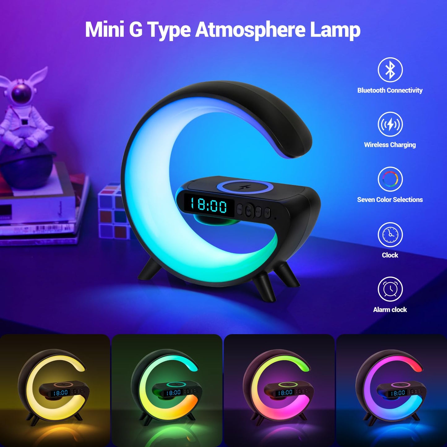 ZOOPEEN Mini G Type Wireless Charging Atmosphere Lamp with Bluetooth Speaker Alarm Clock Night Light 10W Wireless Charger Speaker for Bedside Lamp Ambient Lighting for Christmas Gift(Black)