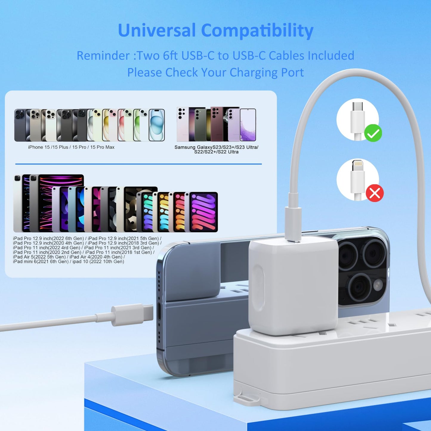 USB C Charger, 2 Pack 20W USB C Fast Wall Charger Block with 2 Pack 6 FT USB-C to C Cable for iPhone 15/15 Plus/15 Pro/15 Pro Max/Pad Pro/Air/Mini, Galaxy