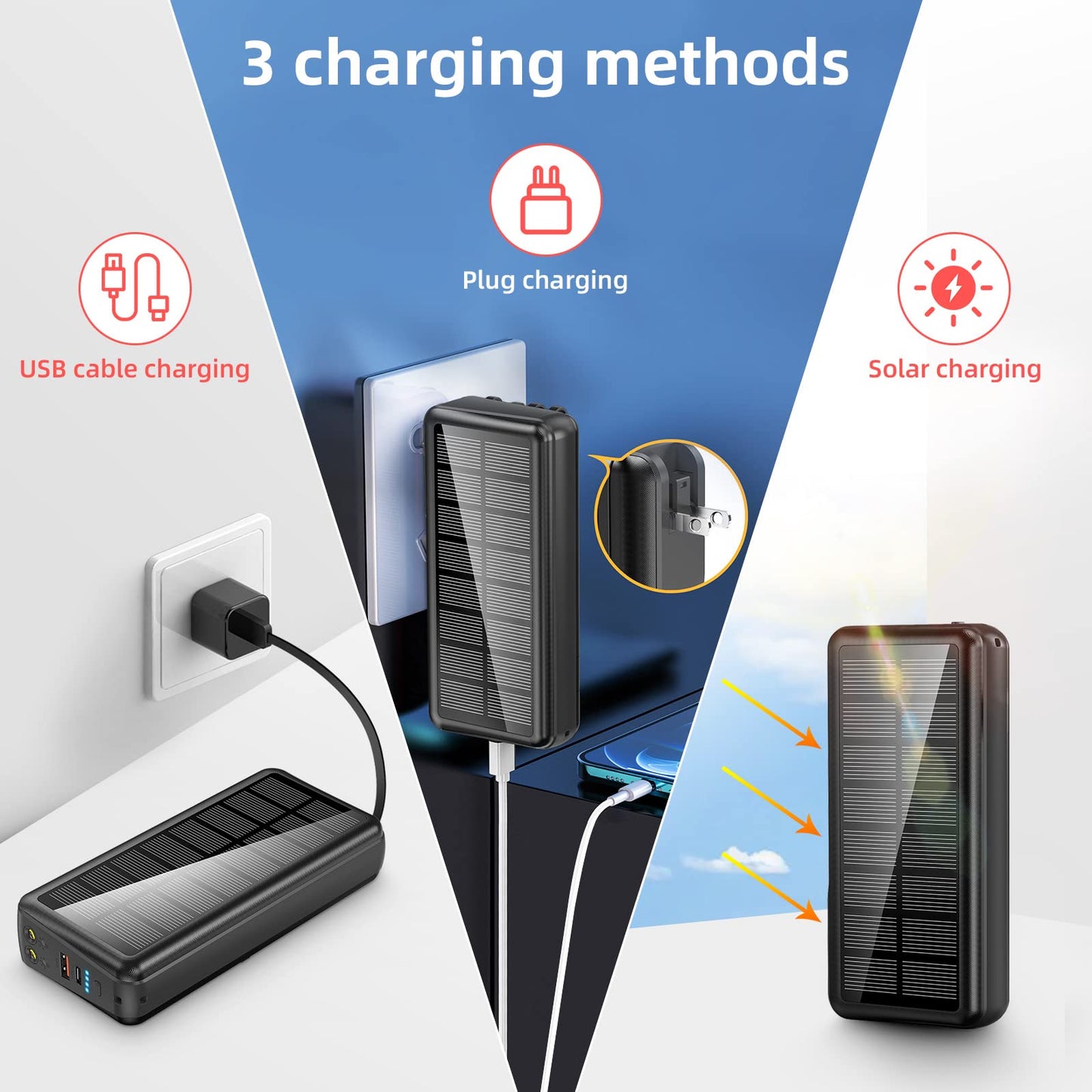 boogostore Portable Charger with Built in Cable and Wall Plug 50000mAh PD30W Fast Charging Solar Power Bank with 5 Output & 2 Input Dual LED Flashlights Phone Holder External Battery Pack (Black)
