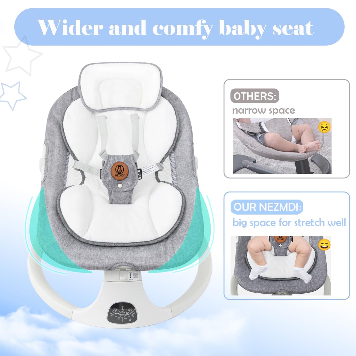 Baby Swing, Baby Bouncer, Electric Rocker for Infants to Toddler, Remote Control, 5 Levels Speed, 3 Seat Positions, Breathable Mesh, Adapter/Battery Operated, Indoor & Outdoor Portable Travel Gray