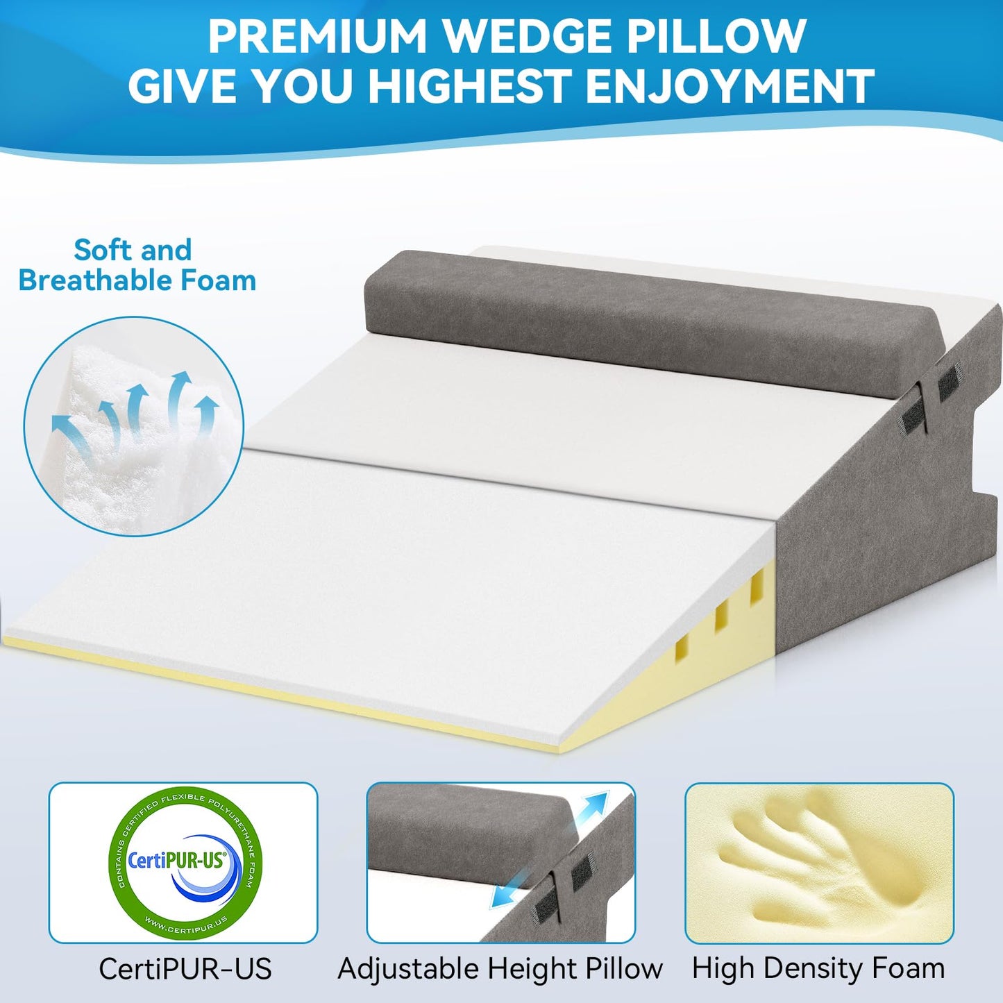 CloudBliss 7.5 inches Bed Wedge Pillow with Memory Foam for Sleeping After Gerd Acid Reflux, Surgery, Relief Back Pain, Adjustable and Breathable Pillow with Washable Cover for Surgery Recovery, Gray