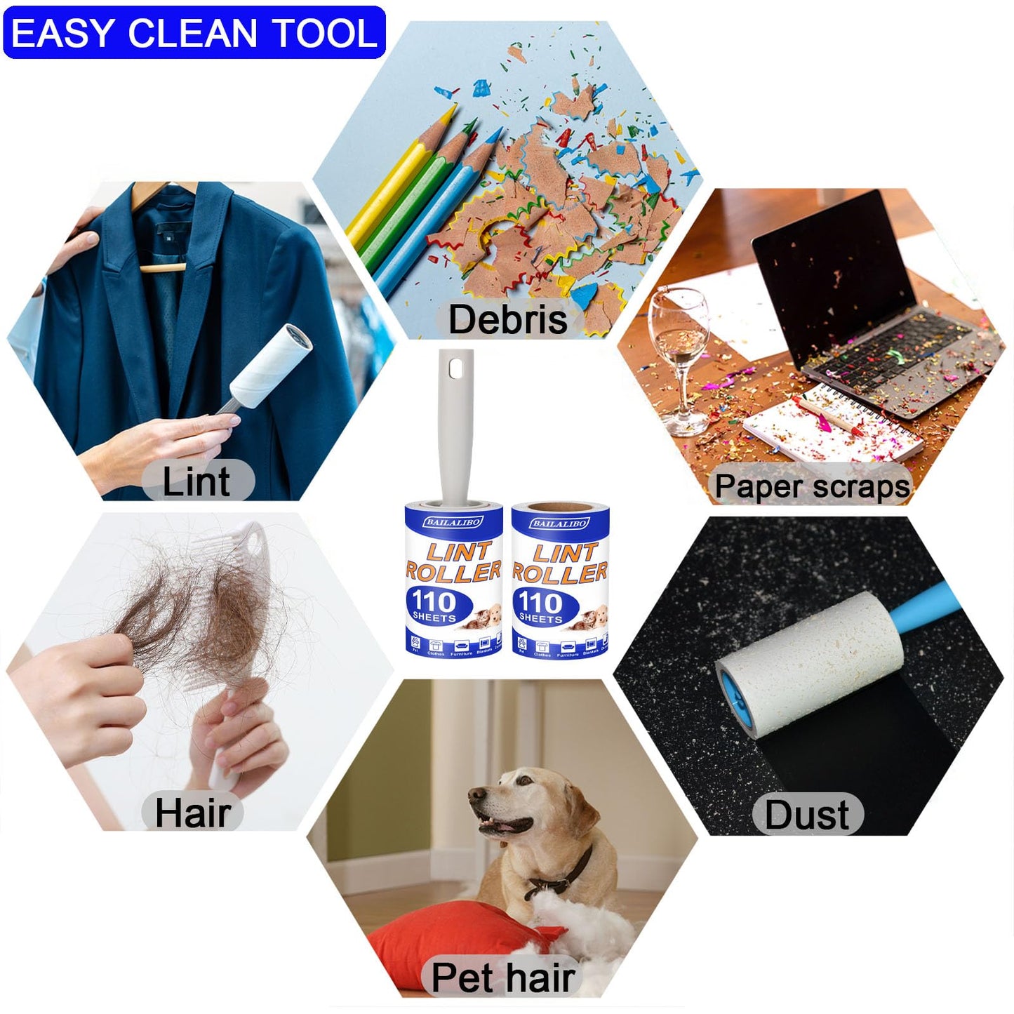 BAILALIBO Lint Roller, 660 Sheets Lint Rollers for Pet Hair Extra Sticky, 3 Handles + 6 Refills, Lint Remover for Clothes, Couch, Dog, Cat Hair, Strong Sticky Lint Roller Refills, Pet Hair Removal.