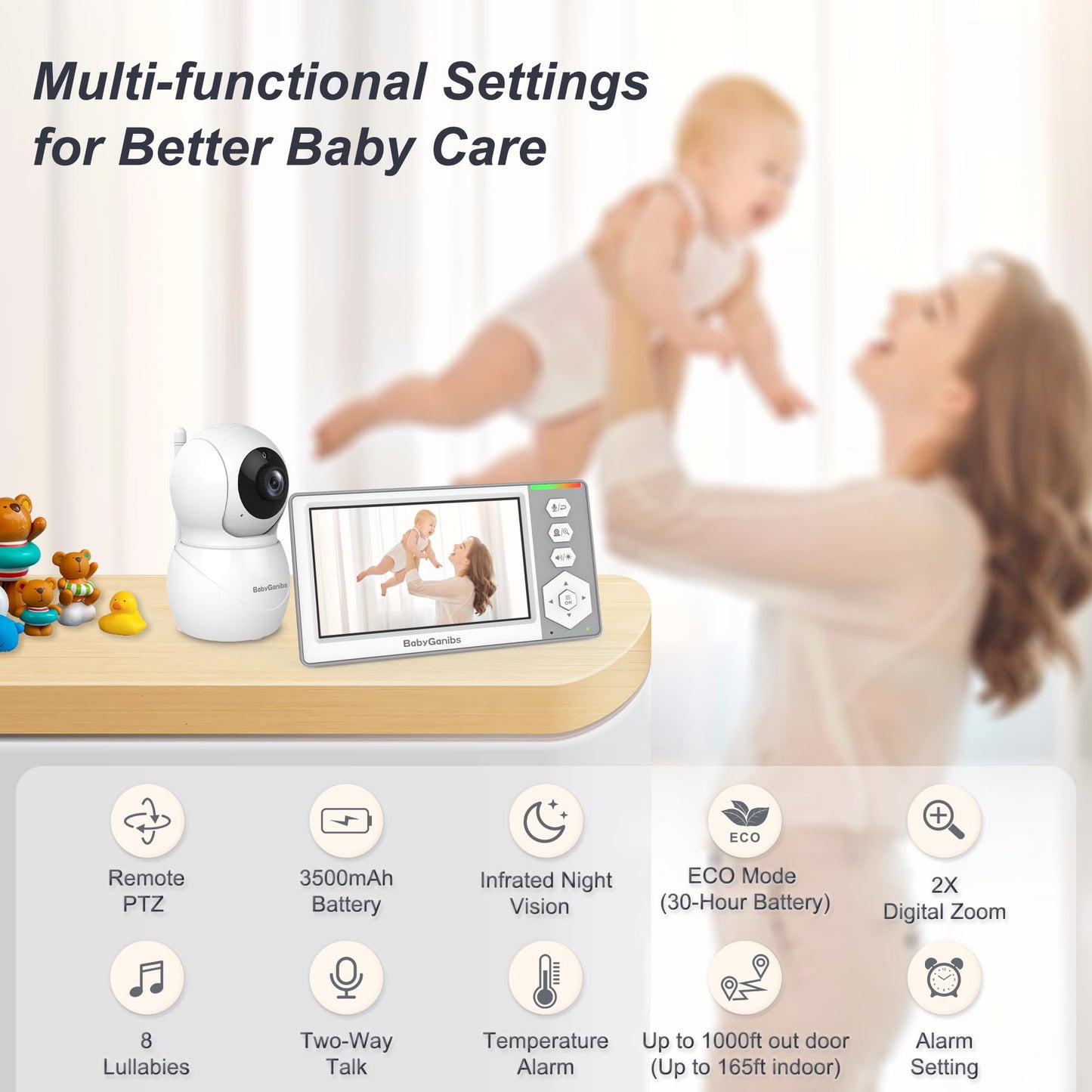 Baby Monitor with Camera and Audio, 4.3'' Video Baby Monitor with 1000ft Long Range and 30-Hour Battery, Baby Monitor No WiFi, Remote Pan-Tilt-Zoom, Night Vision, ECO Mode, 2-Way Talk