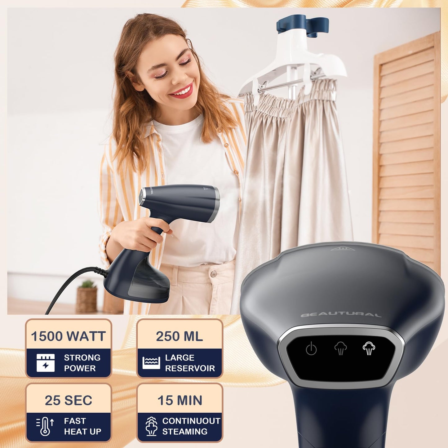 BEAUTURAL Handheld Garment Steamer, 1500W Fast Heat