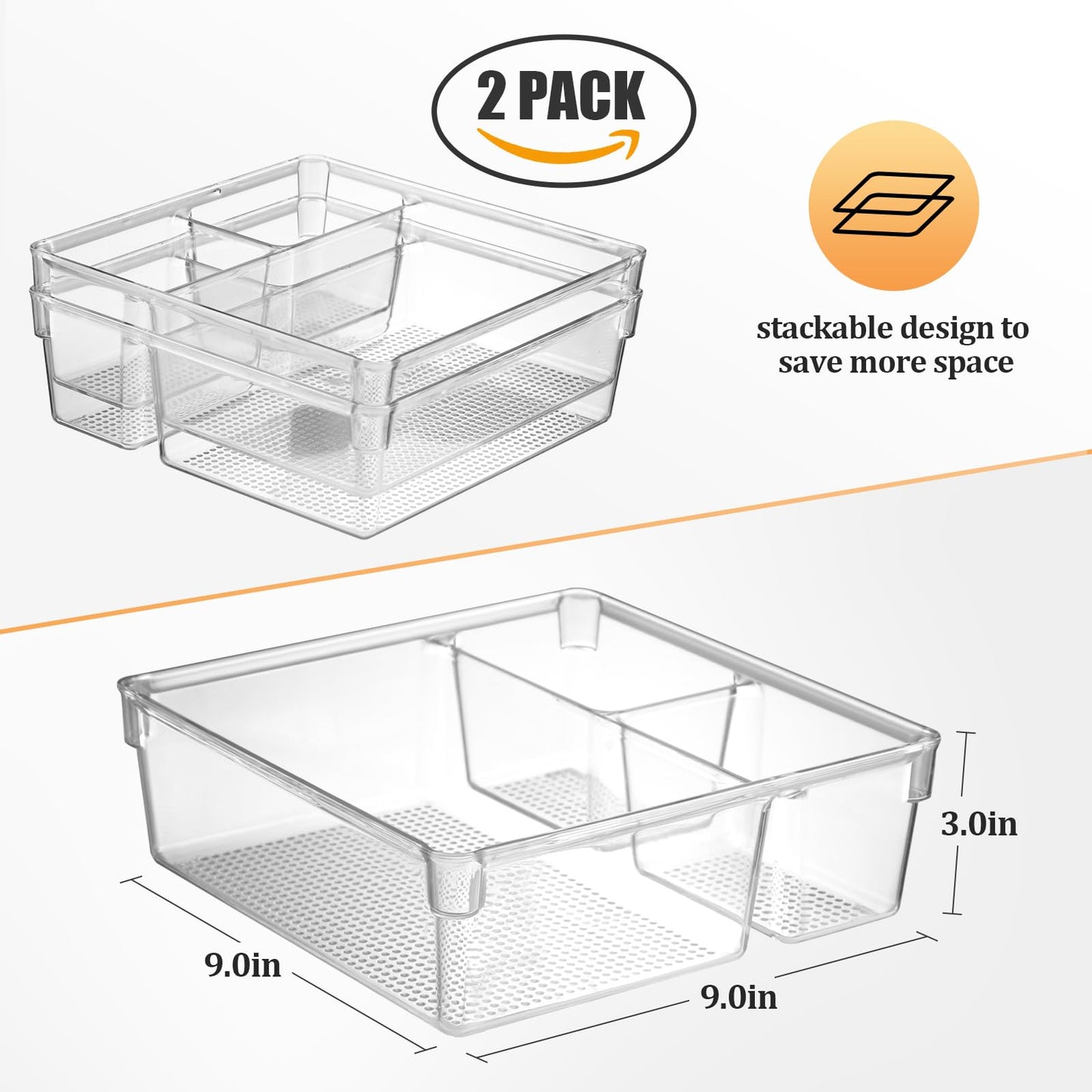 CherHome Drawer Organizer,2PCS Clear Organization and Storage Set,Desk Drawer Organizer Food Snack Organizers,Plastic Organizer Bins for Kitchen Drawer,Pantry,Bathroom,Makeup and Office(9 X 9 X 3in)