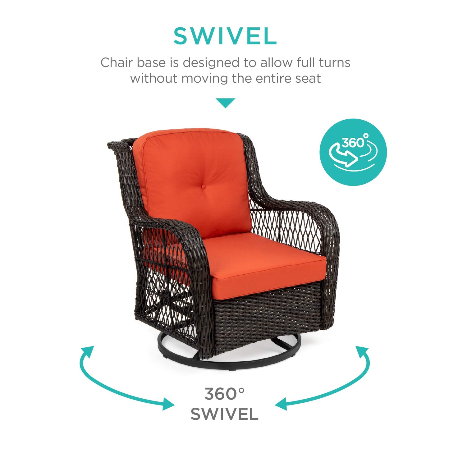 Best Choice Products 3-Piece Outdoor Wicker Patio Bistro Set w/ 2 360-Degree Swivel Rocking Chairs and Tempered Glass Top Side Table - Rust