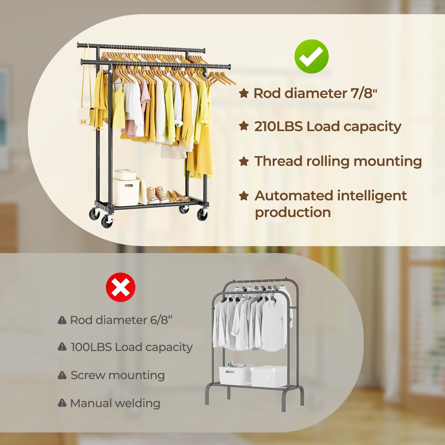 Double Rod Rolling Clothes Rack for Garments