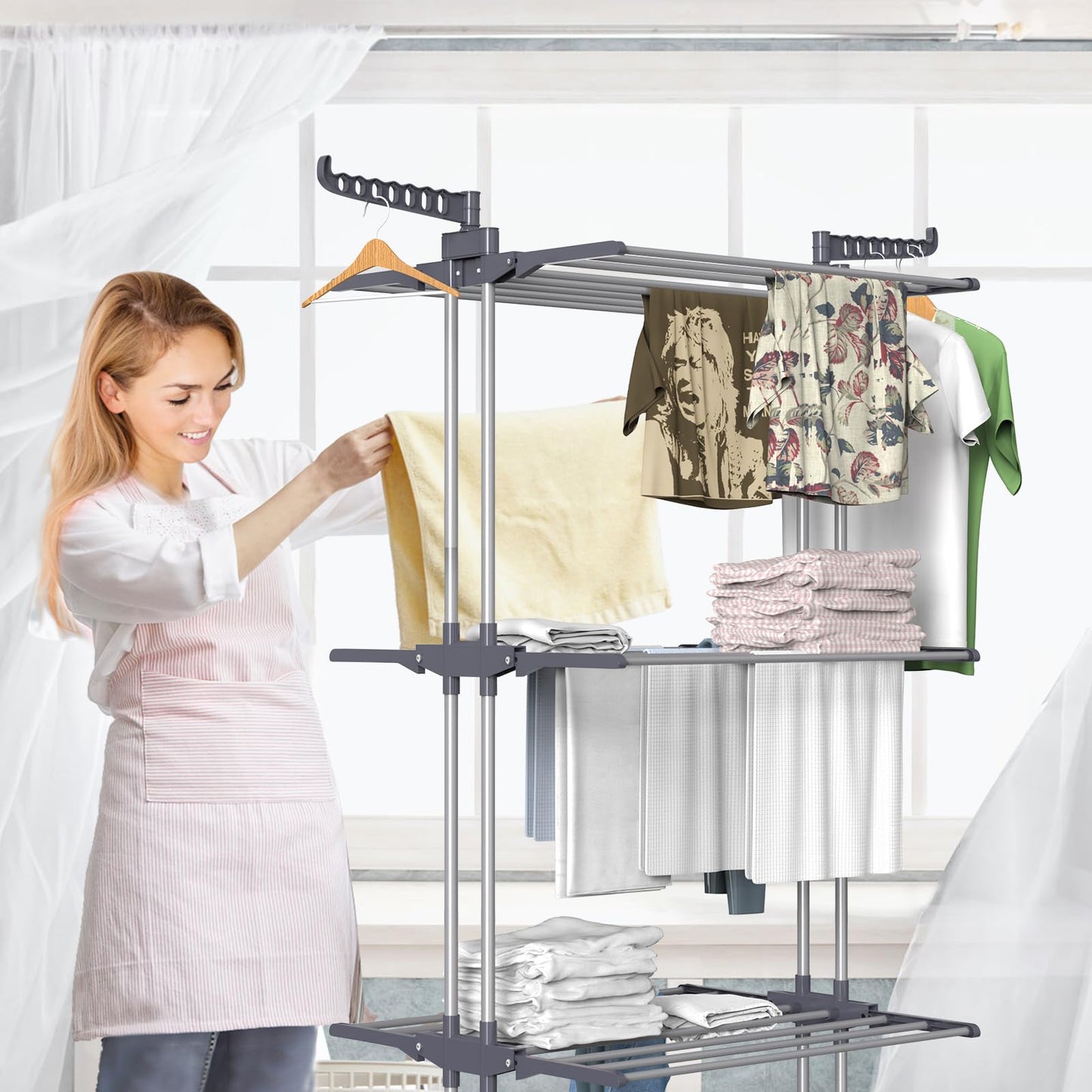 Bigzzia Clothes Drying Rack, 67.7 Inch Laundry Drying Rack with Foldable Base, 4 Tier Stainless Steel Drying Rack Clothing, Movable Laundry Rack for Indoor Outdoor-Grey