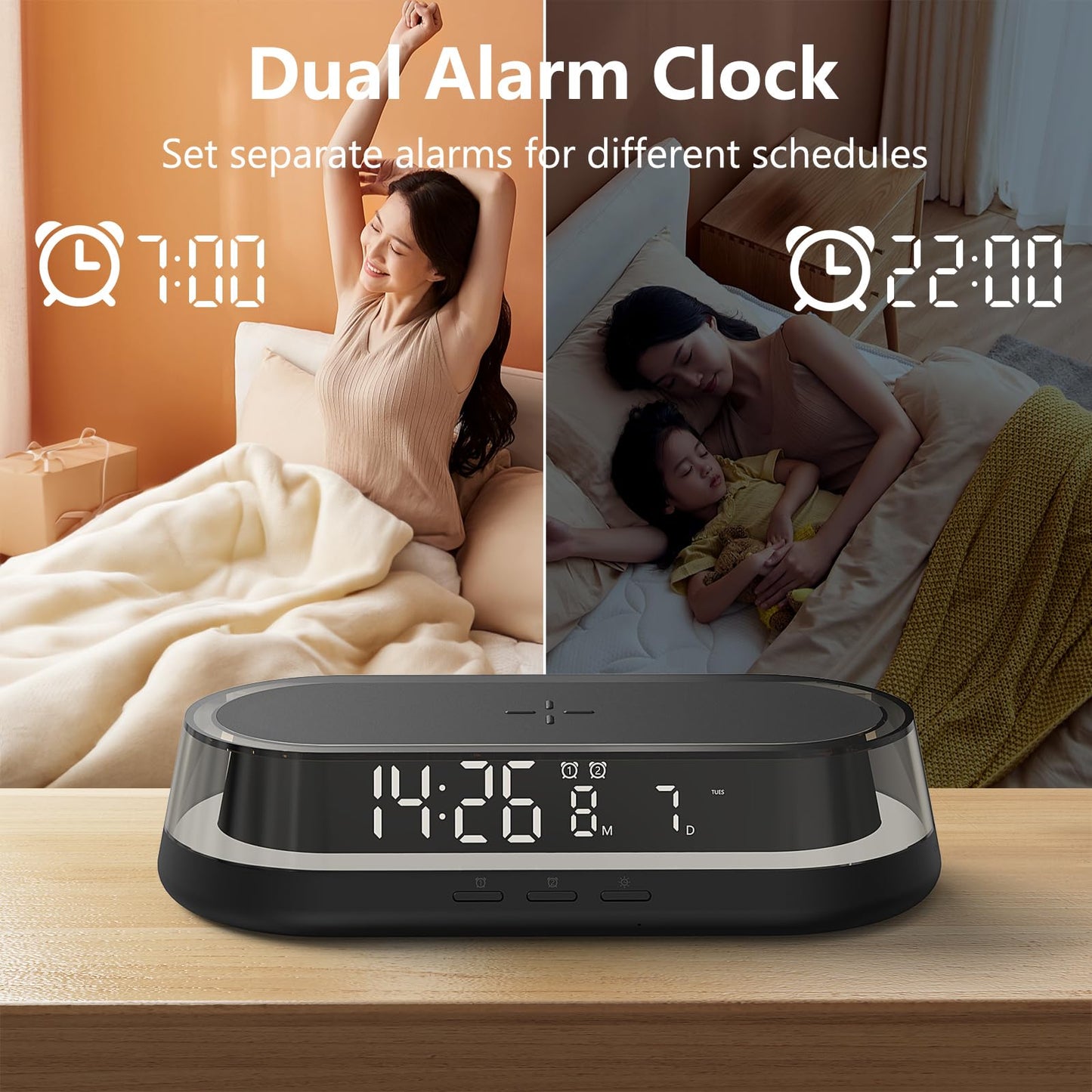 VOILEIPAGI Alarm Clock with Wireless Charging, Alarm Clock for Heavy Sleepers Adults, Smart Clock with Night Light,Snooze, Date, Bedside Digital Dual Alarm Clock, Alarm Clocks for Bedrooms Black